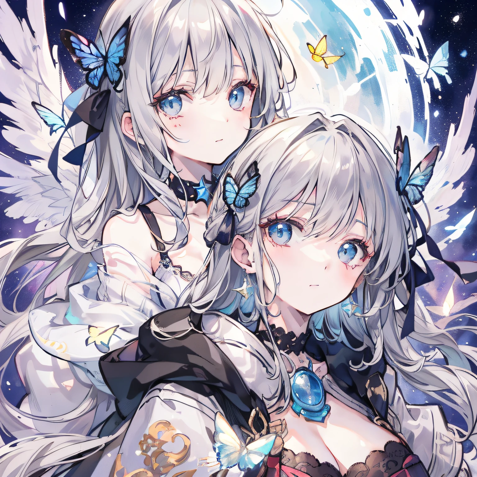 masterpiece, best quality, extremely detailed, detailed background, detailed face, multiple girls, 2girls, dress, long hair, white dress, blue hair, flower, wings, feathered wings, looking at another, eye contact, angel wings, purple flower, hair ornament, long sleeves, white wings, hair flower, red eyes, gears, short hair, hat, bare shoulders, bangs, white headwear, ahoge, puffy sleeves, sitting, very long hair, off shoulder, closed mouth, grey hair, pantyhose, feathers, beret, puffy long sleeves, off-shoulder dress, breasts, indoors, gloves