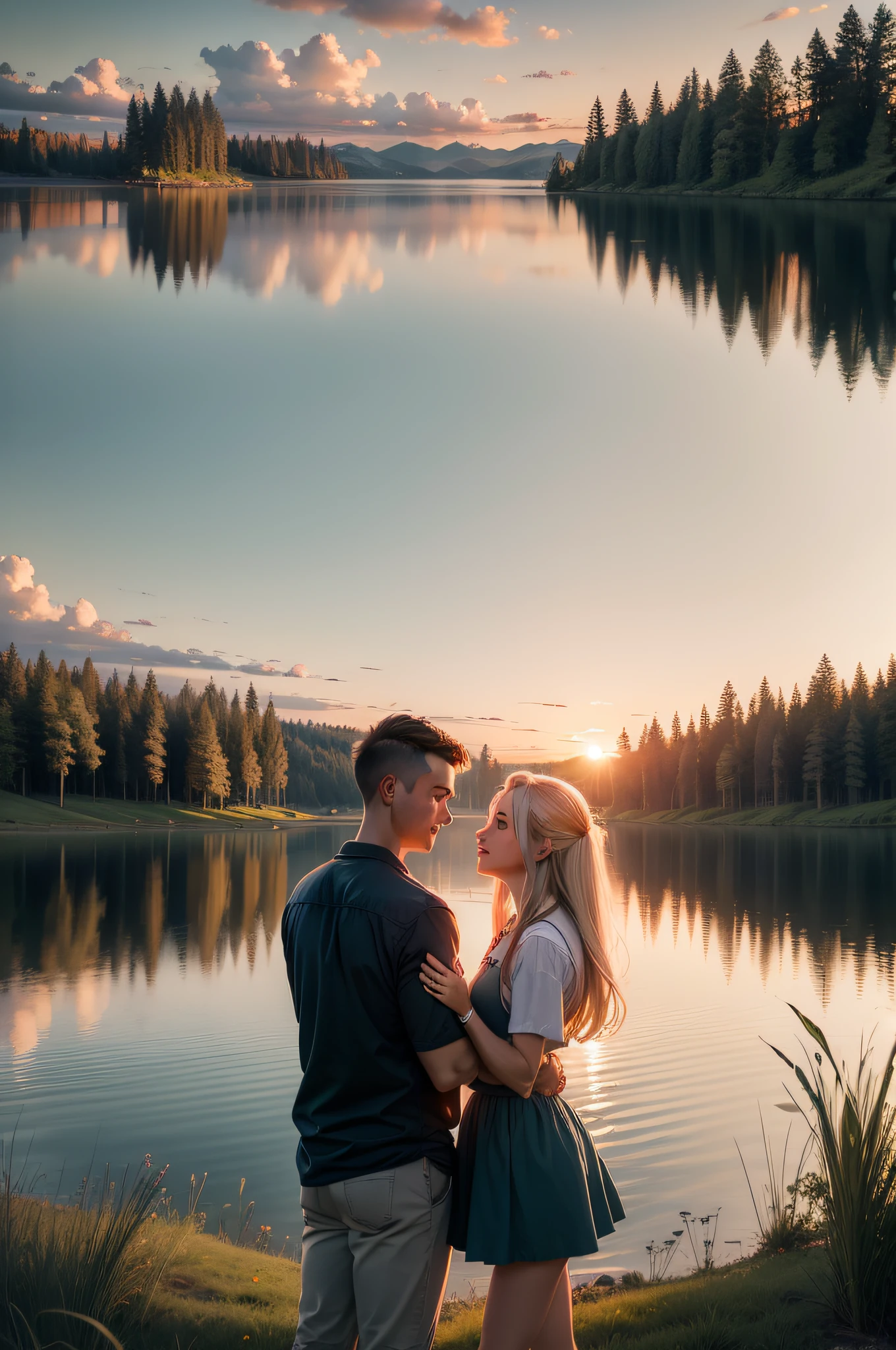 Couples, meadow, lakeside, fishing, sunset