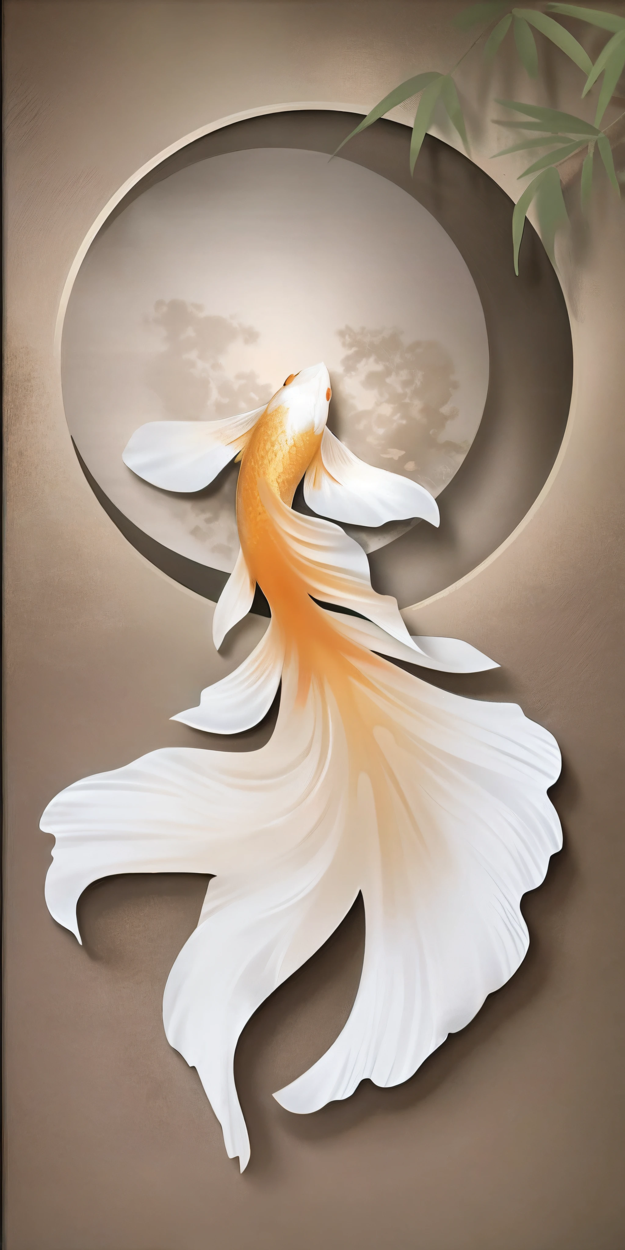 There is a fish with red eyes floating in the water,Big red eyes,The background is the moon, inspired by Ohara Koson, inspired by Koson Ohara, Inspired by Ma Yuan, Koi, moon light fish eye illustrator, Exquisite digital illustration, koi fishes, elegant digital painting, inspired by Nōami, inspired by Xie Sun, nacre painting, ornate and flowing