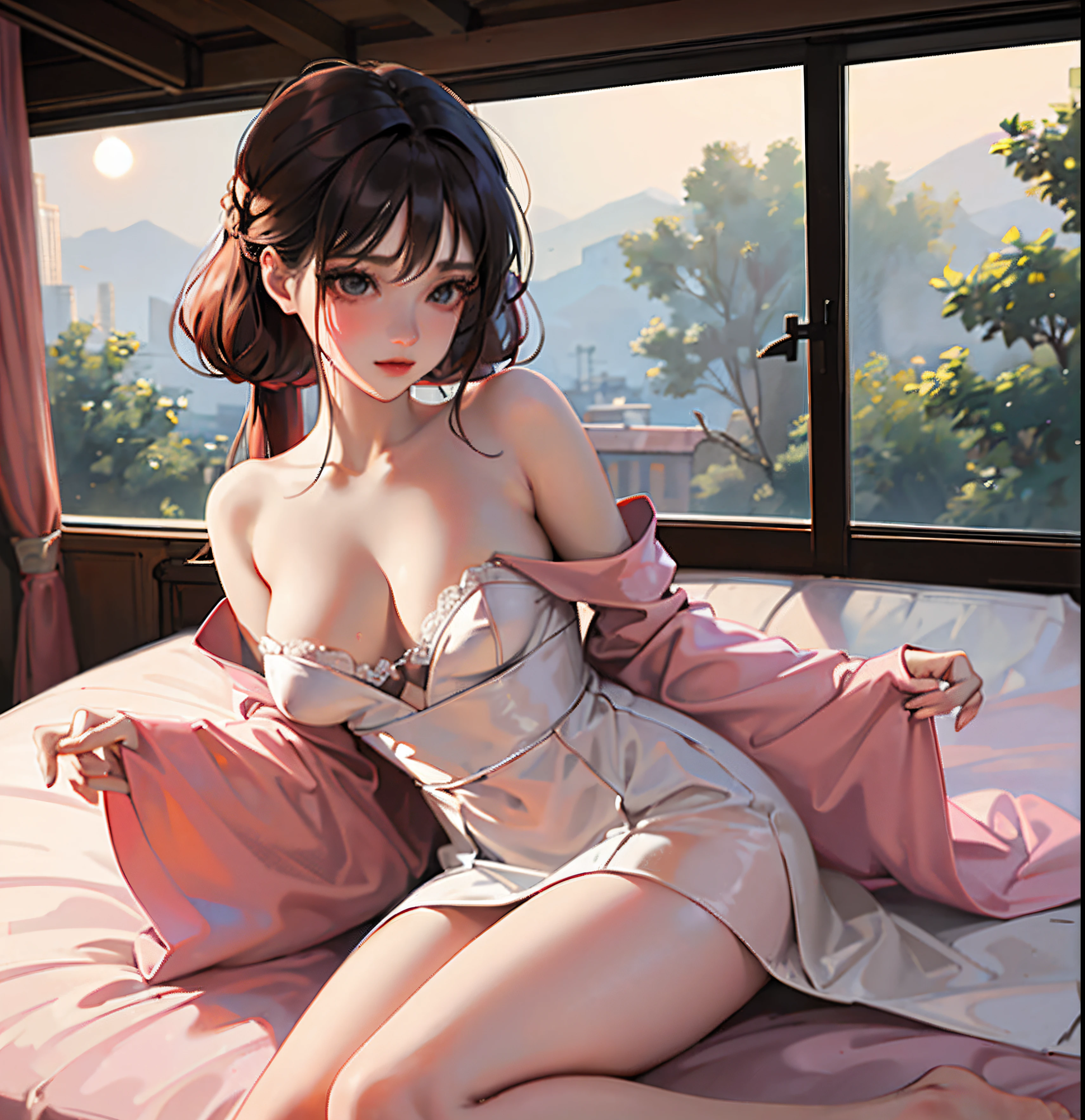 (Masterpiece:1.2, Best quality), (Real picture, Intricate details), (1lady, Solo, Upper body, Big) The clothes ar：Avant-garde，Avant-garde，Experiment with appearance：brunette color hair，Unconventional fashion choice behavior：rebelliousness、non-conformist、Provocation location：Photo of young Taiwanese girl in bedroom at night， She played with her breasts， sweat leggs， Sweaty body， （Transparent fabric：1.35）（baggy：1.5）Lace strapless dress， （（（immensity）Sagging breasts））， （Naked of breast），（（areola of breast））， （Korea（K-pop idols））， （（puffy eye））， deep shading， low tune， warm lights， Deep contrast， Bokeh， depth of fields， Angle below， low angles， （looking at viewert， Smiling softly）， Photos inside the bedroom， neoism， background crowds， the person in the background， （（The upper part of the body））， （（Straight Photos））， exposure blend， Medium beat， Bokeh， （hdr：1.4）， hight contrast， （cinematic ligh、Pink and orange：0.85）， （pastelcolor， soothing tones：1.3）， low-saturation， （ultra - detailed：1.2）， （NSFW：1.1），Erotic nudity