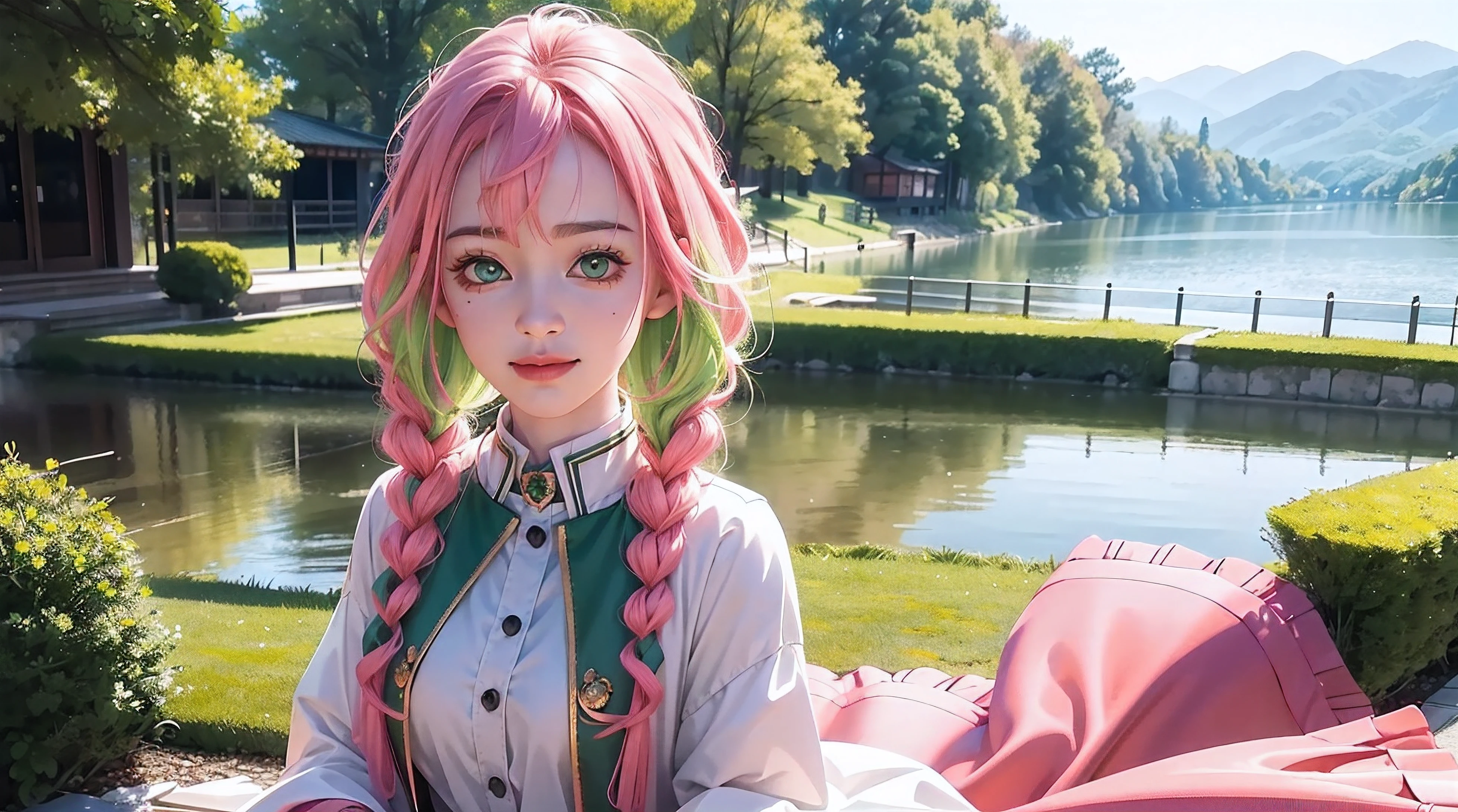 ultra realistic 8k cg, Masterpiece, ((Ultra detailed backgrounds, Delicate pattern, intricately details)), (Highly detailed, Fine details), Best quality, 1girll, (Photorealistic:1.4),Beautiful lighting, hoang lap, RAW photo, filmgrain, 1girll, 独奏, Smile, longer sleeves, looking a viewer, Japanese clothes, Large breasts, High school uniform, green thighhighs, zettai ryouiki, (two tone color hair, Pink hair, Green hair), Green eyes，haori，White coat，Witch costumes，