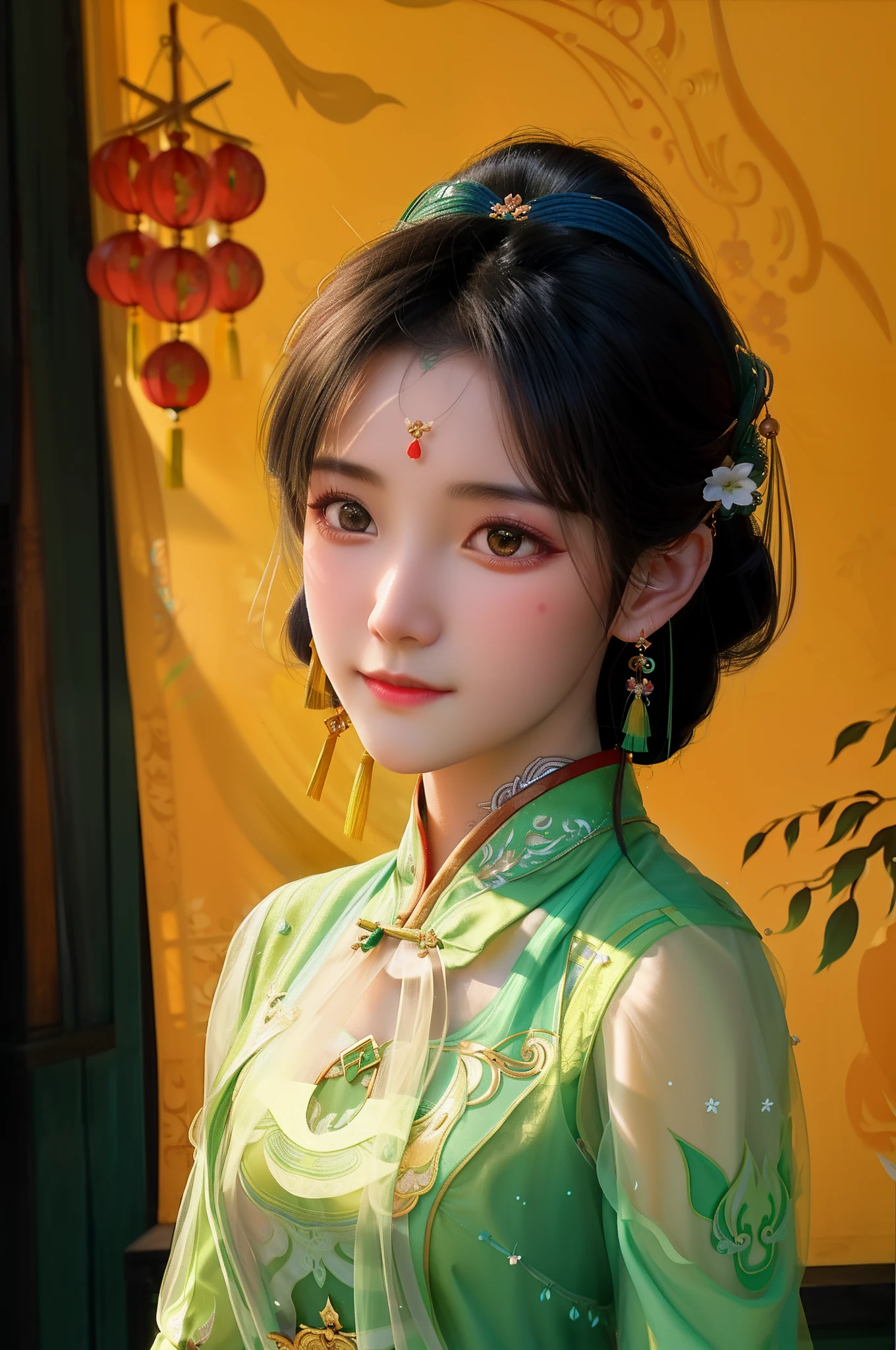 there is a woman in a green dress posing for a picture, Palace , A girl in Hanfu, Beautiful character painting, Guviz-style artwork, Chinese girl, Inspired by Lan Ying, Chinese style, Beautiful live-action work, trending on cgstation, inspired by Du Qiong, Inspired by Qiu Ying, Inspired by Ai Xuan, Guviz