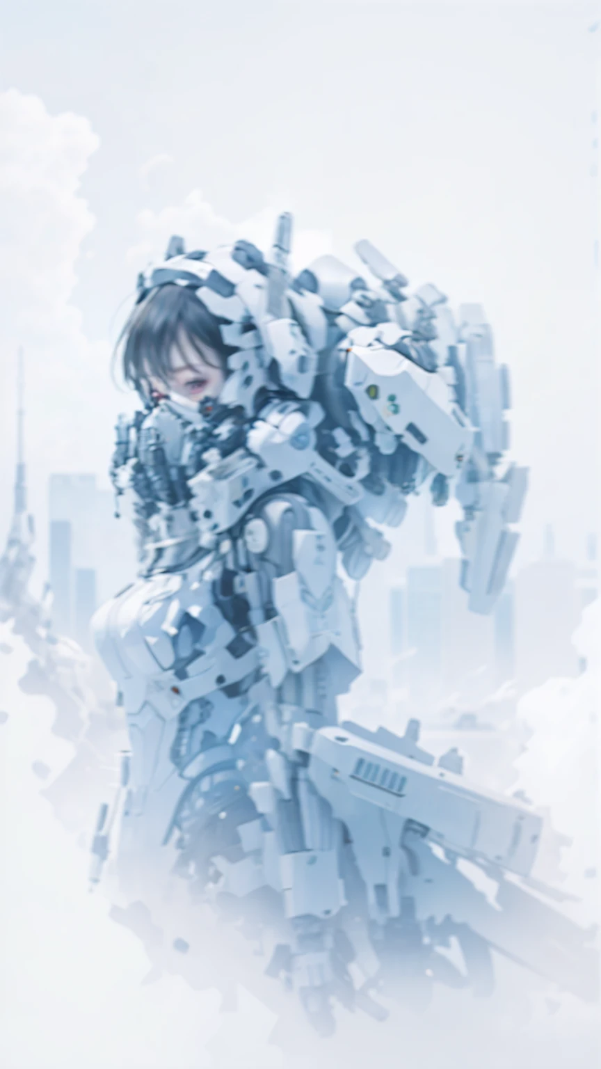 This is a CG Unity 8k wallpaper with ultra-detailed, high-resolution and top quality in cyberpunk style, dominated by black and red. The picture shows a white messy woman with short hair, a delicate face, wearing a steam mecha mask, standing on the ruins, behind a huge robot with a heavy sniper rifle in her hand.
