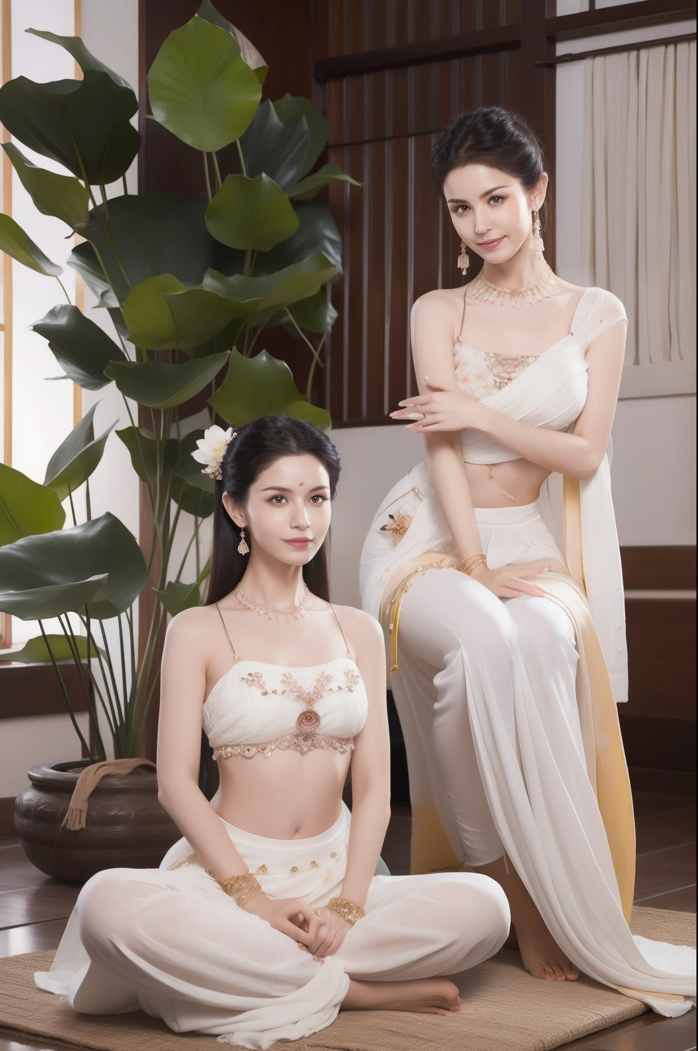 The naked lustful mother and son sit on the lotus flower and double cultivate,(Yoga lotus sitting),(Perfect delicate and good-looking face),