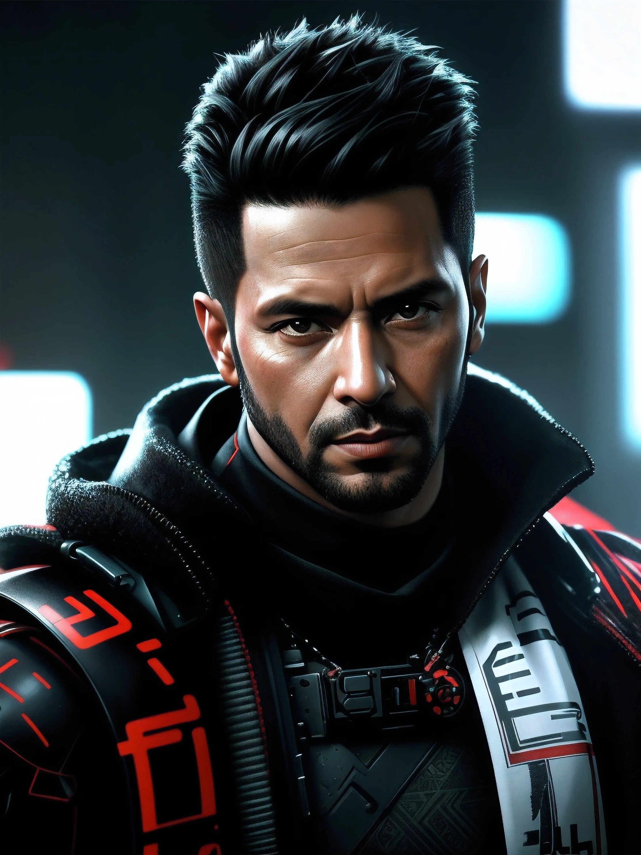 Arafed imagem de um homem com um sci - fiorer em seu peito, Arte digital detalhada em 4k, Arte digital altamente detalhada em 4k, Retrato de Adam Jensen, Epic portrait illustration, Retrato de um homem cyberpunk, pintura digital futurista, estilo pintura digital, Arte Digital 4K, 8k hd papel de parede arte digital, fan art, Retrato de um samurai cyberpunk