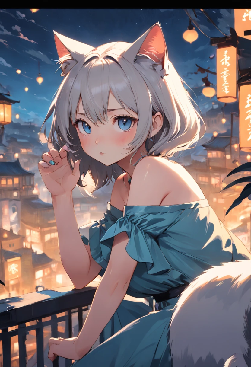 masterpiece,Top image quality,hight resolution,imagem 4k,Raw photo,Photorealsitic,{Solo},teens girl,silber hair,Bery short hair,stare at each other,Blue eyes,小柄,Silver fox ears,Fox tail,Night city,Shy face,,boyish,qipao dress,