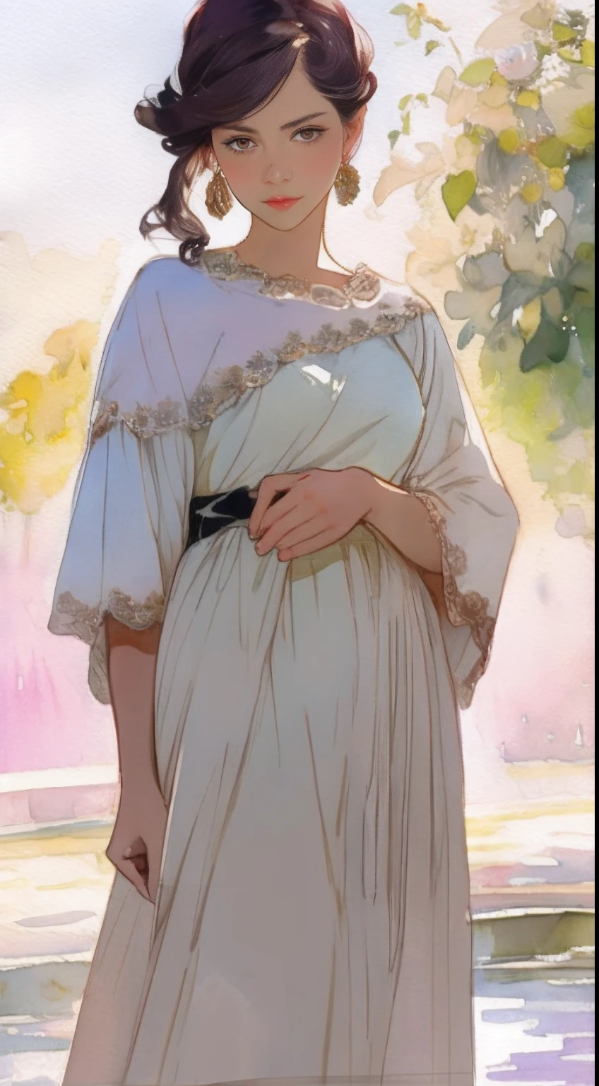 Beautiful adult mexican woman, looking at viewer intently and thoughfully, very feminine, watercolor painting by singer sargent