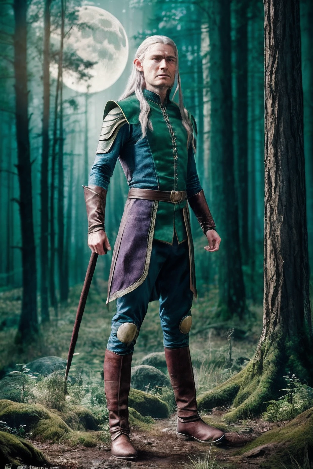 Create a realistic fantasy character illustration of an elf reminiscent of Legolas from the Lord of the Rings series. This elf should have long white hair, piercing blue eyes, a slender physique, and distinct pointed ears. Place this character in a dense, eerie forest at night, with ground-level mist swirling eerily in the glow of an exceptionally bright moon. Render this scene using the Octane rendering technique in stunning 8K resolution. The overall mood should be mysterious and captivating, capturing the essence of a moonlit forest.