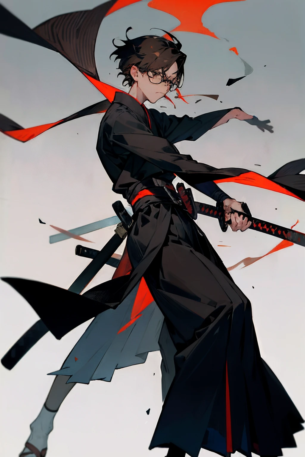 1boy, man, man focus, male, boy, solo, short hair, brown hair, white streak hair, brown eyes, glasses, looking_at_viewer, long_sleeves, holding, closed_mouth, standing, weapon, katana, japanese_clothes, black kimono, wide_sleeves, holding_weapon, feet_out_of_frame, holding_sword, dark katana, fire, sheath, hakama, hakama_skirt, sheathed, black_kimono, scabbard, hakama_pants
