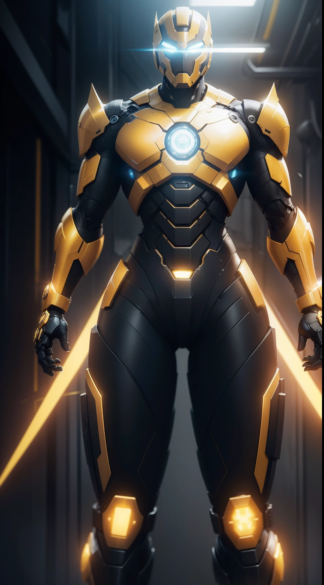 Iron Guardian:
Create a realistic NFT of a robotic superhero dressed in yellow and black armor. Detail metallic textures and technological reflections to convey a high-tech feel.