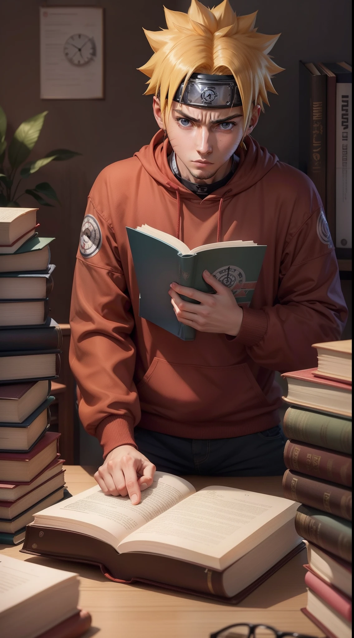 Naruto estudando para o Enem, Com livros e papelaria ao fundo, mesa, livros estudarem cuidadosamente, my focused expression, and the clock showed that the present time was ten o'clock at night