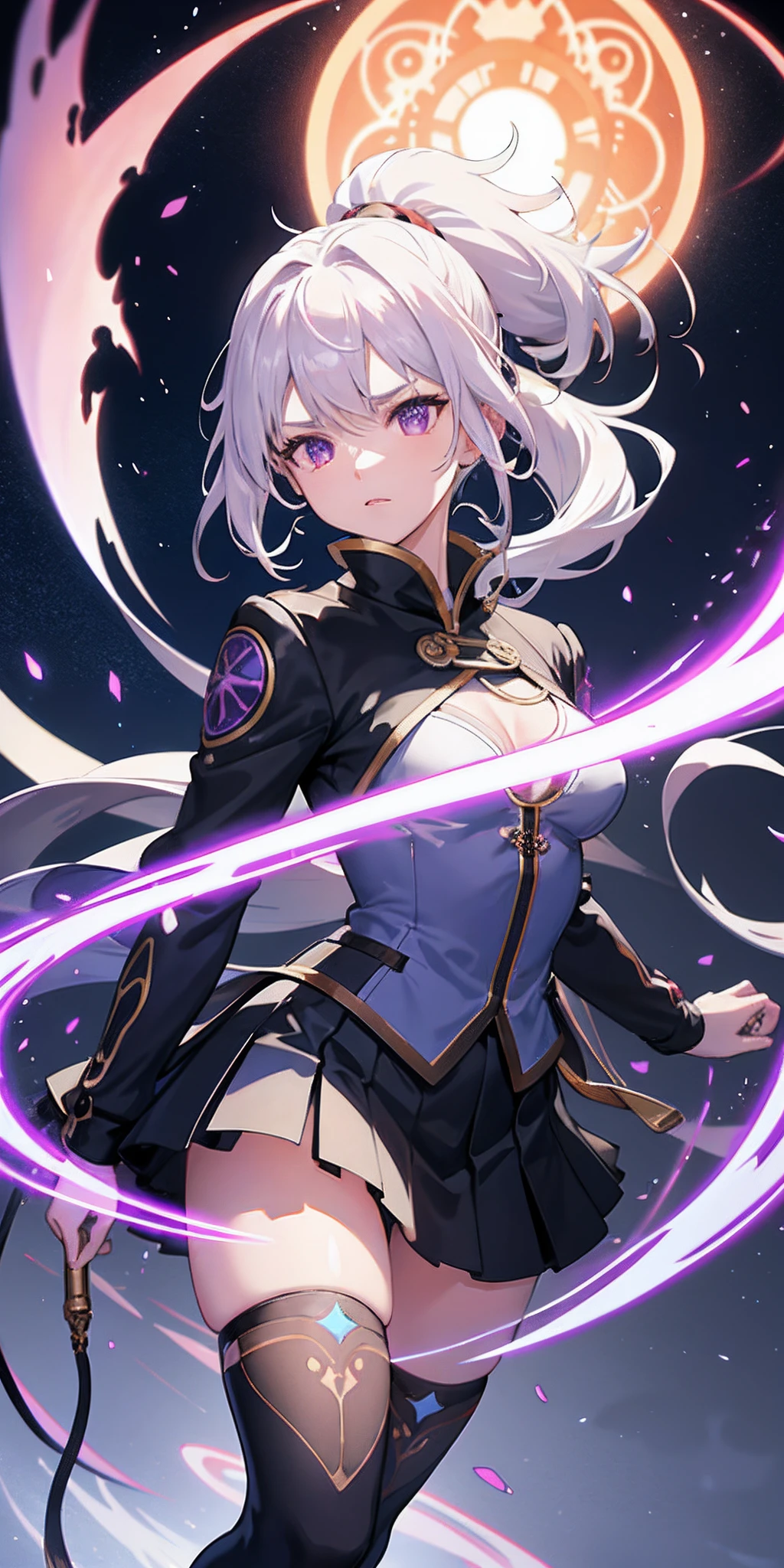 1girl in, komono, Ponytail ,White hair, Purple eyes, Magic Circle, blue fire, blue flames, Wallpaper, landscape, Blood, blood splashing, depth of fields, Night, light Particle, llight rays, side lights, thighs thighs thighs thighs, Fate \(Series\), GenshinImpact, ****, Open jacket, Skirt, thighs thighs thighs thighs, cloud