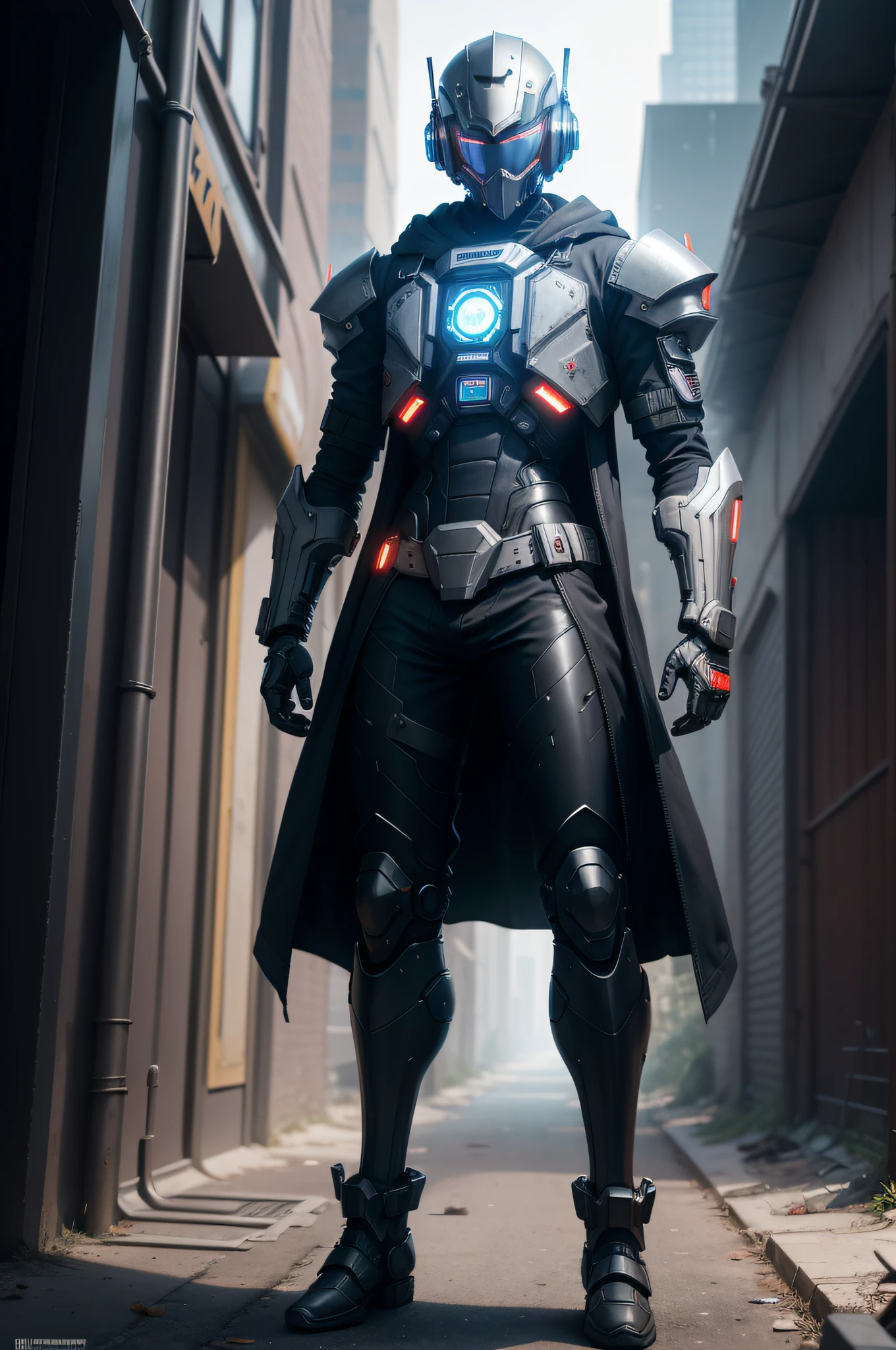 Libido boy,18yr old,Tall and tall,cyber punk perssonage(best qualtiy)(best detail),standing on your feet,Machinary(highest details),cyberpunk helmet(highest details),Hood,Cyberpunk mechanical armor(high detal),match colors:Blue and black matching,LED,with light glowing,droid,soio,Background abandoned warehouse(super complex detail),Aggressive helmets