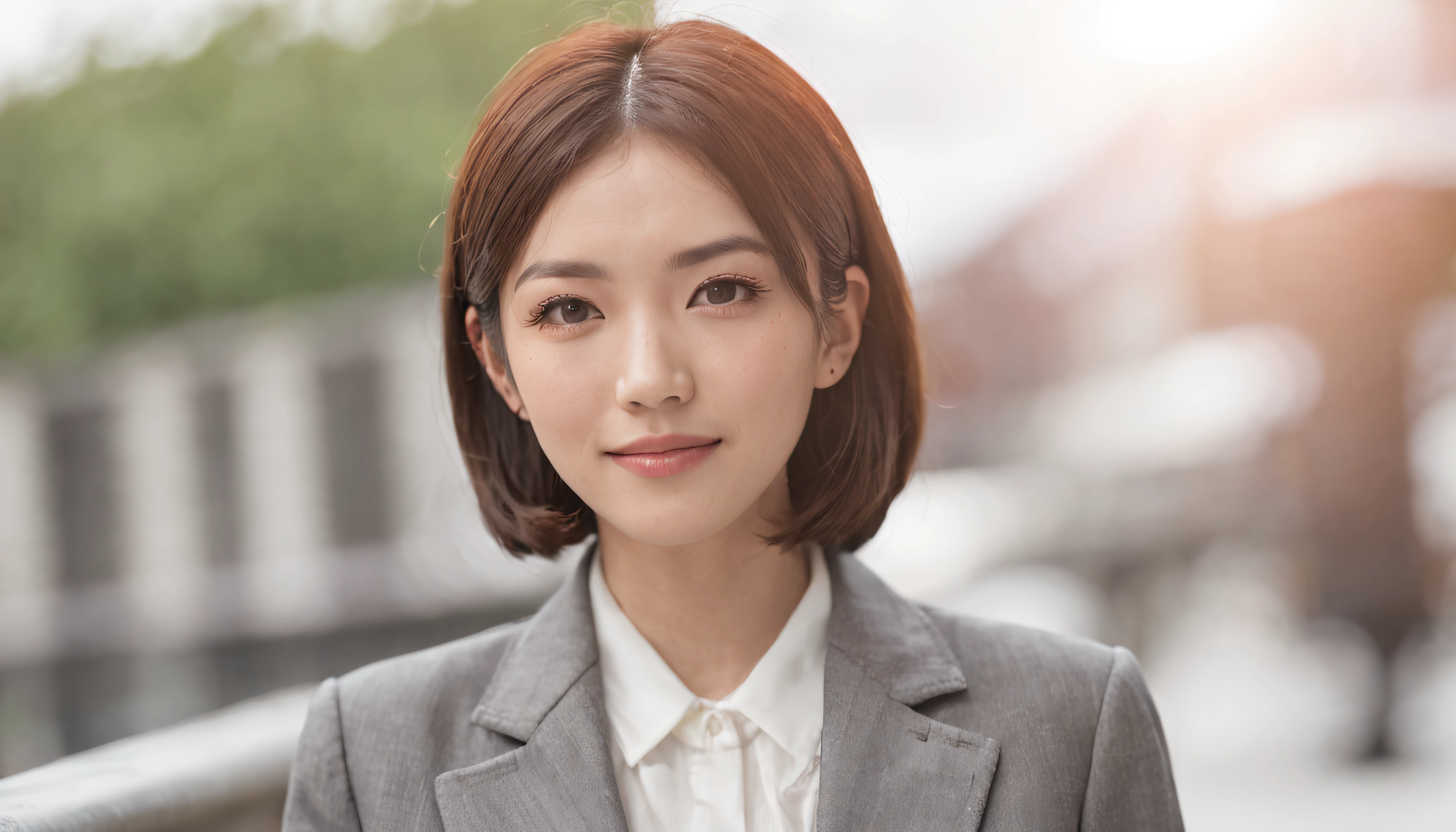 Japan female, 28 years old, Facing forward, I'm smiling so cheerfully,I'm wearing a Prada suit, Business Office Terrace Cafe, Short Bob, Light makeup, Sun bath, Photorealistic, in 8K