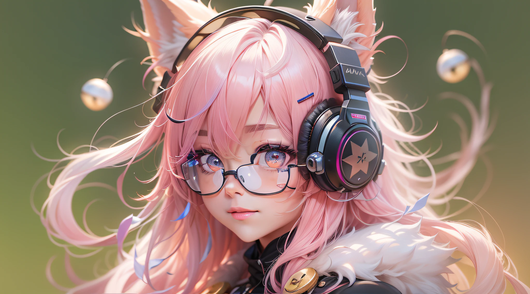pink hair, ahoge, long hair, big hair, hair ornament, hair bell, goggles on head, behind-the-head headphones, dilated pupils, gradient eyes, longeyelashes, color contact lenses, fox ears, makeup, smile, high detail, anime, anime style, depth of field, ray tracing, from below, wide shot, 8k, best quality, textured skin, high quality, super detail, retina