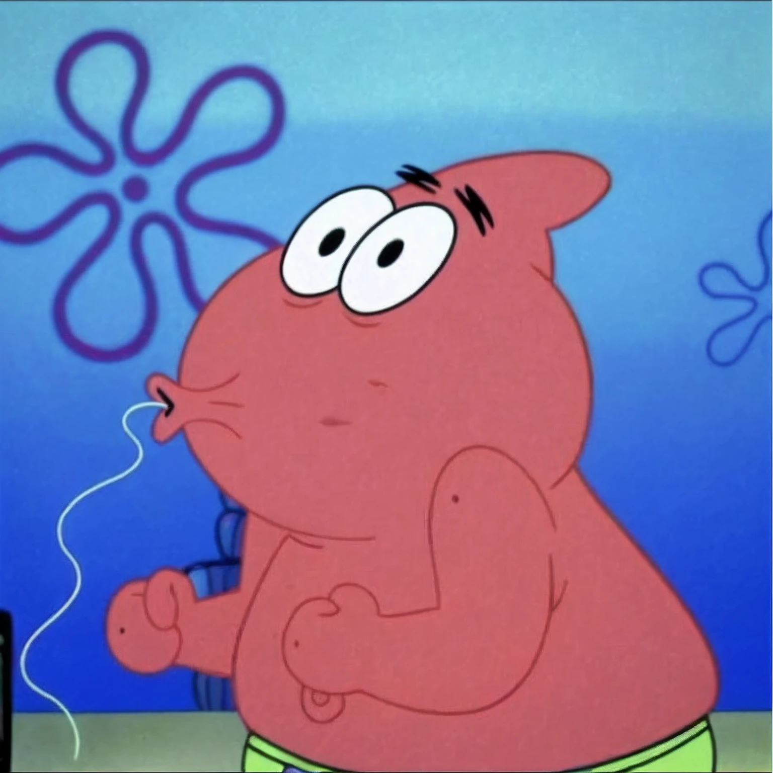 A cartoon of a pink starfish,Phone in his mouth, patrick star, patrick, cooking a, an anthropomorphic stomach, patrick nagel!!, long pointy pink nose, pink iconic character, drooling goo, his trunk is a long tentacle, patrick nagel!!!, porky pig, peter griffin body type
