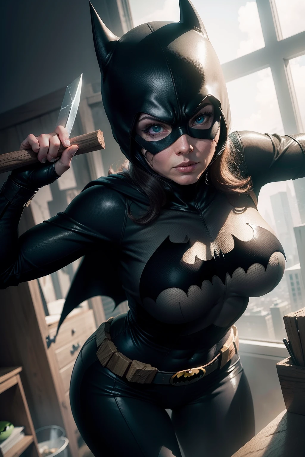 Woman using Batman's trage Adam West used a piece of wood as a weapon beating a green alien with big eyes