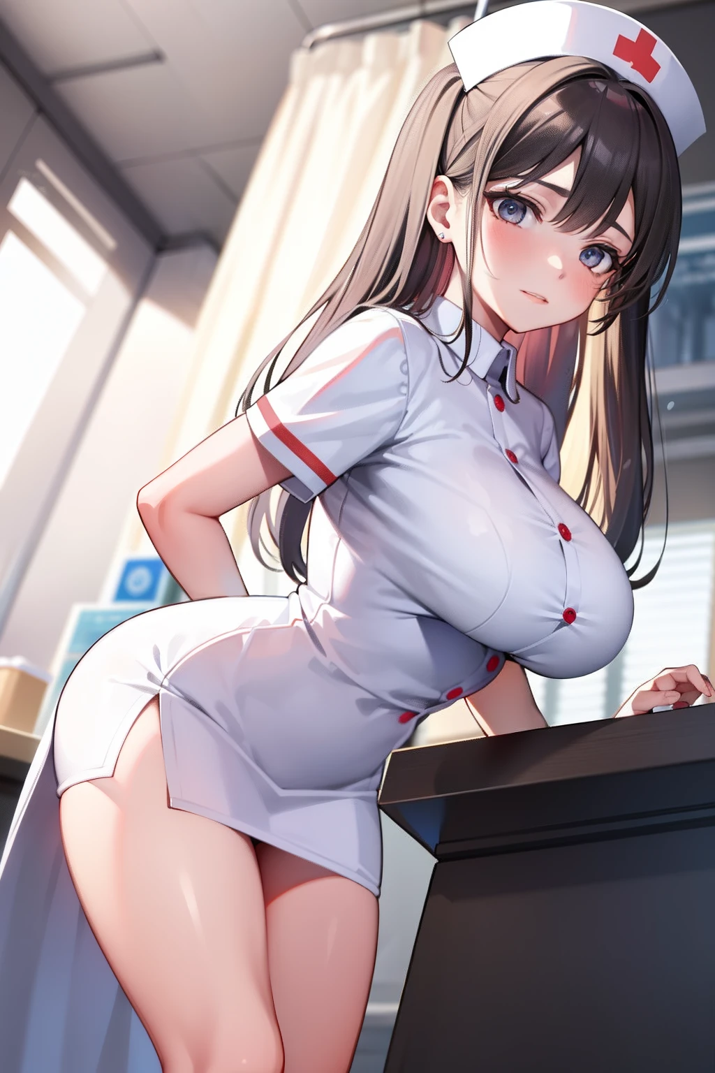 infirmary,窗帘,1girl,nurses,white dresses,Superskirt,upper legs,glute,huge tit,tmasterpiece,The best quality,The is very detailed,
