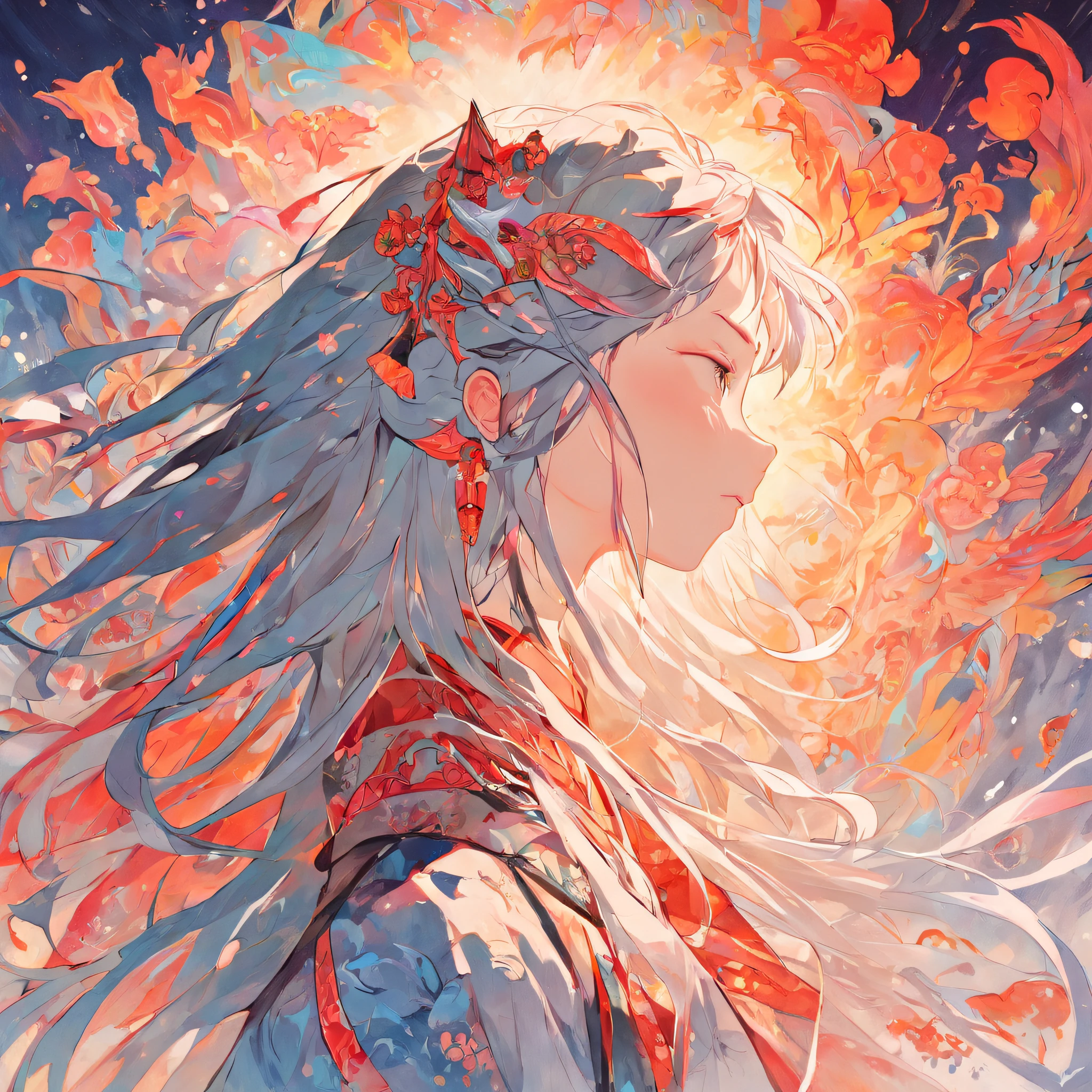 (White background:1.4),(Silhouette of a girl's head, Eyes closed, colorfull long hair, Oriental elements),(Chinese illustration:1.3,paper art:1.3, Quilted paper art:1.2),( reasonable design, Clear lines, High sharpness,Best quality, Very detailed, masutepiece, movie light effect, 4K )