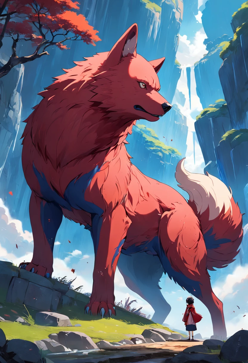 This is a surreal 32K China、Images of Shinkono Bear,Capture every pore and texture with a delicate texture and form,A huge red giant wolf with golden stripes,Contrast with the surrounding landscape,((Super mass)),blue colors,In the background are the sky,dark cloude,huge tusks,Unreal Engine5,dreamy scenes,Shocking。