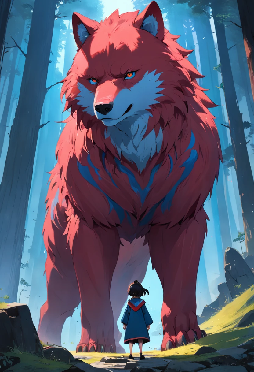 This is a surreal 32K China、Images of Shinkono Bear,Capture every pore and texture with a delicate texture and form,A huge red giant wolf with golden stripes,Contrast with the surrounding landscape,((Super mass)),blue colors,In the background are the sky,dark cloude,huge tusks,Unreal Engine5,dreamy scenes,Shocking。