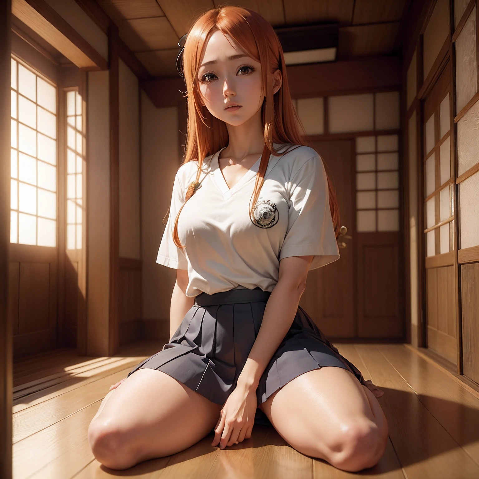 (garota hiper realista:1.2), ((Orihime Inoue de 18 anos)), (Bleach), corpo inteiro, single body, olhando para frente, sitting on ground, (coxas internas expostas), joelhos dobrados, uniform japanese schoolgirl, saia, (cabelo laranja), cabelo longo, (blusa com decote), seios grandes:1.3, Quarto feminino, Traditional Japanese Room, Hiper realista, cinematic lighthing, (octan render), ray tracing