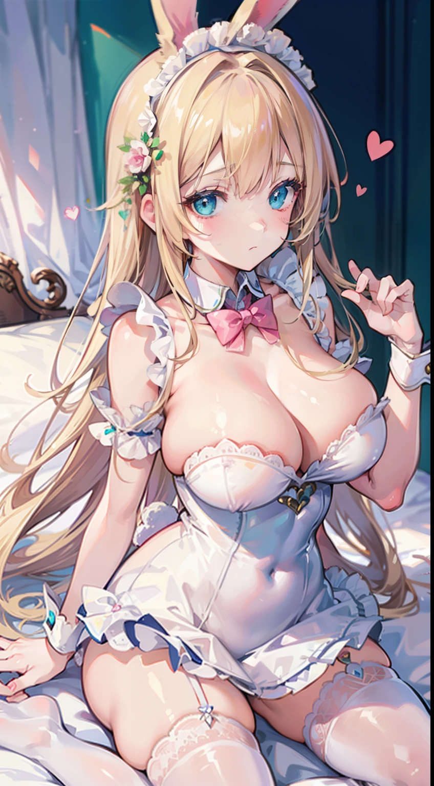 High quality, masterpiece, ultra-detailed, 1girl, bunny maid outfit, pink heart on chest, solo, peaceful expression, long blonde hair, enchanting eyes, blue and green eyes, heterochromia, bunny ears, ridiculously large breasts, shiny skin, bedroom