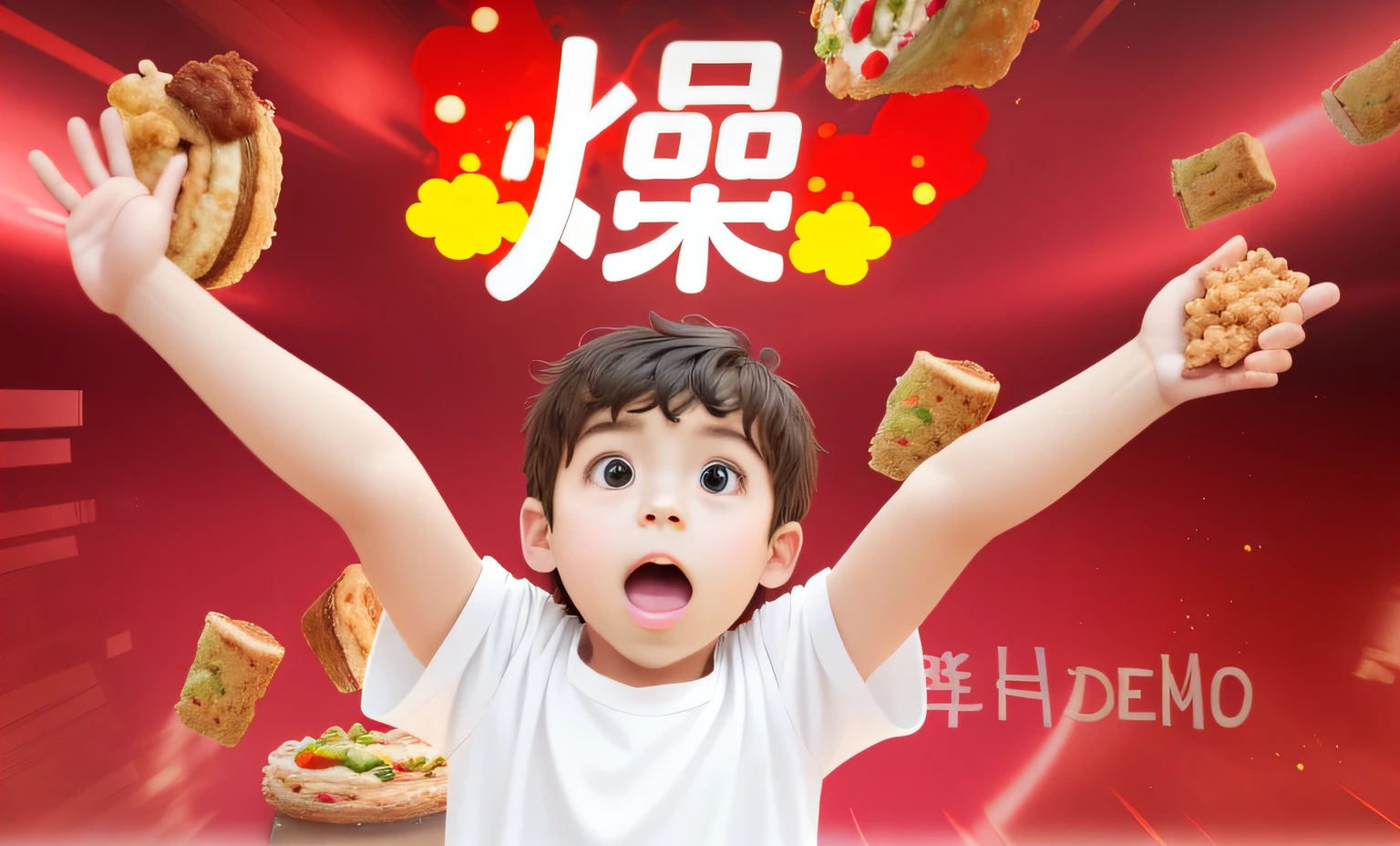 There was a boy holding a pile of food, tv commercial,food advertisement,