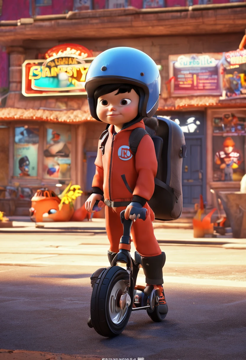 (Pixar 1.23 estilo) 1 menino ((parte superior do corpo frente, busto tiro,pilotando uma harley dayversion )), solo, cute child, morena, tracksuit bonito, menino, korean child, playground, ((obra-prima, mais alta qualidade)), (composite lighting)