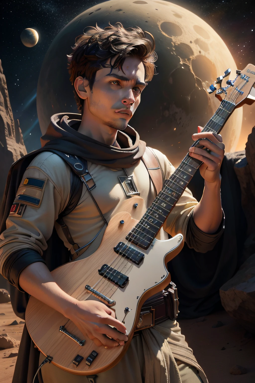 guerreiro homem jedi com capuz, Playing ultra realistic guitar, 8k, with moons of satellite planets in the background, ruinas em um deserto parecido com Marte