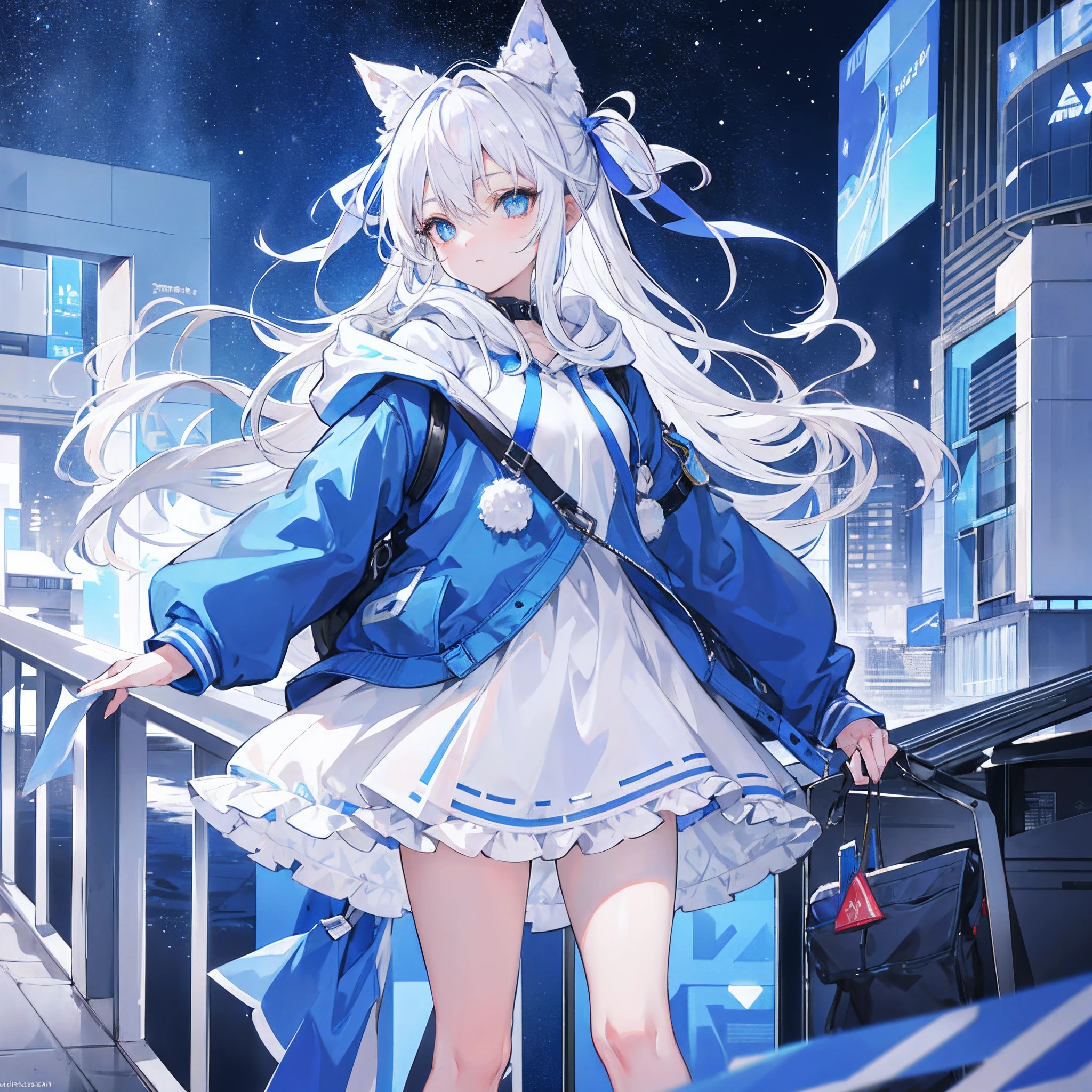 1girl in, With white hair and blue eyes, Matching blue and white hoodie with hair ribbon. Set in winter, With a girl looking directly at the viewer. You can use this photo as your profile picture.City Background.Zoom in on face.masutepiece,hightquality,absurderes,Standing on a pedestrian bridge