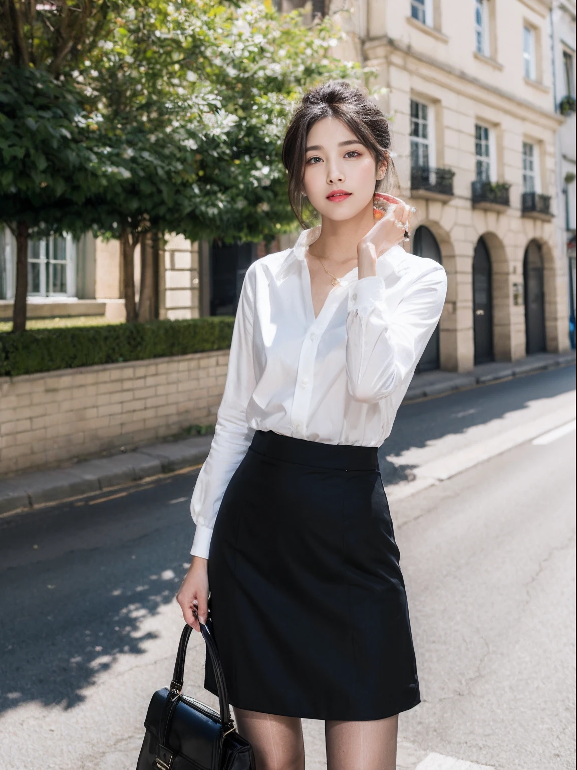 ,(Raw photo:1.2), (Photorealistic:1.4),Beautiful meticulous girl, extremely detailed eye and face, Beautiful detailed eyes, ultra - detailed, hight resolution, Very detailed,best qualtiy,illustratio,unified,8k wallpaper,tmasterpiece,best qualtiy,Street 1 Girl,MO Size,skirt by the,solo person,outside of house,Long grey hair,pencil skirts,high-heels,The shirt,looking at viewert,is standing,full body Esbian,Black tights,a black skirt,ground vehicle,In the daytime,White collar blouse,Black shoes,brown haired,Shoulder,cparted lips,horse tails,ascot