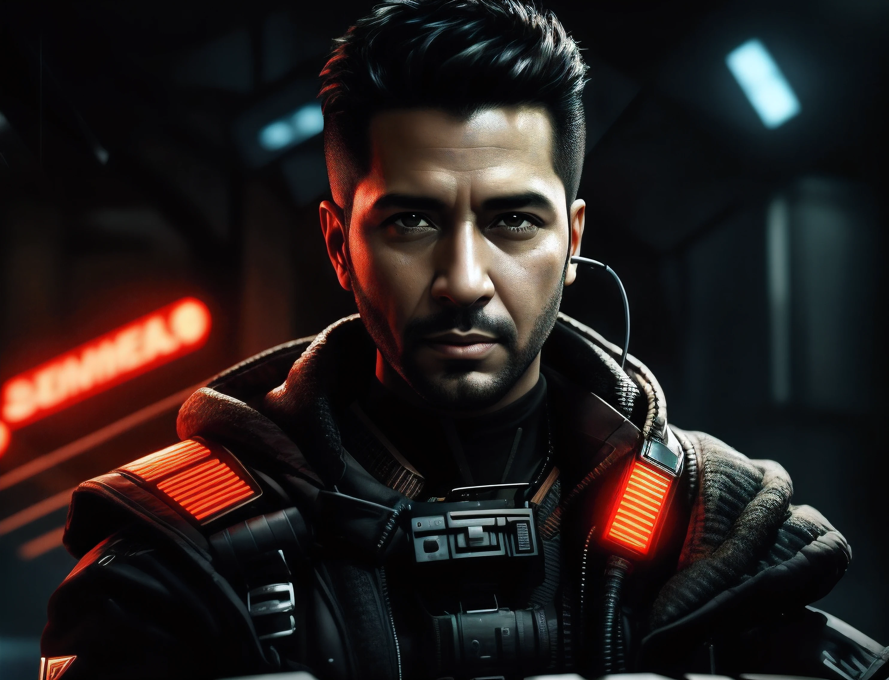 Arafed imagem de um homem com um sci - fiorer em seu peito, Arte digital detalhada em 4k, Arte digital altamente detalhada em 4k, Retrato de Adam Jensen, Epic portrait illustration, Retrato de um homem cyberpunk, pintura digital futurista, estilo pintura digital, Arte Digital 4K, 8k hd papel de parede arte digital, fan art, Retrato de um samurai cyberpunk
