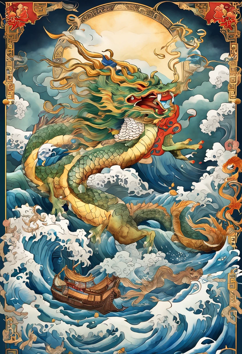 Vickers style, The graphics in the poster design are ocean colors, Chinese dragon in ink painting,, As a water god, Living in the North Sea, Control thunderstorms at sea, an ancient Chinese god, turtle, drak, Mare, stony, Super sharp,Realistic details,Auspicious clouds, depth of fields, God Ray, fantasy coloring, romanticism lain, art-deco, Cinematic lighting, Depth of field, Sparkle, god light, Ray tracing, Ultra-wide angle, first person perspective, Wide shot, hyper HD, High quality, High details, Textured skin, Best quality