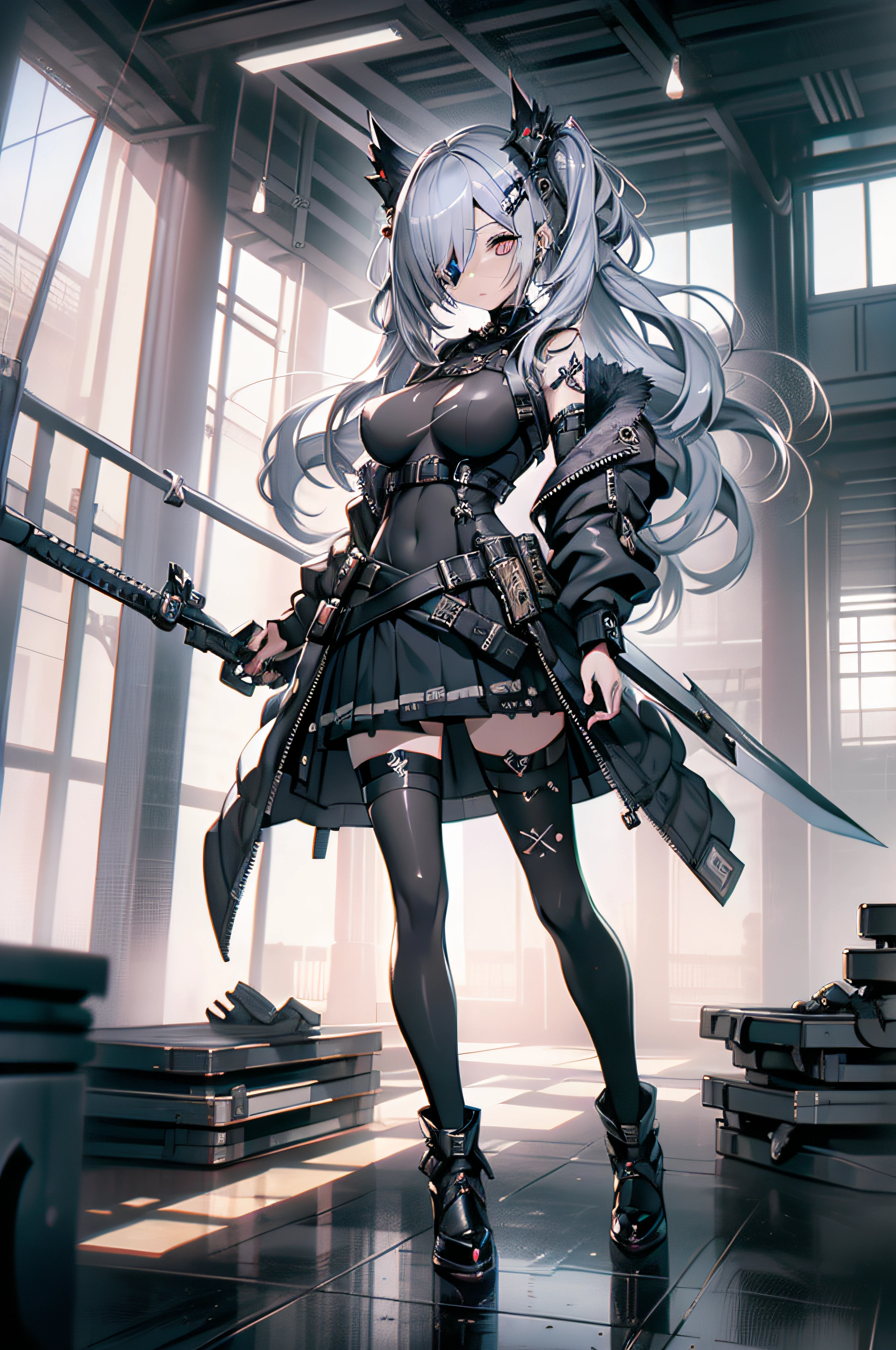 (extraordinary、Best-aesthetic、new、newest、best qualtiy、​masterpiece、A highly detailed、animesque、waifu:1.2)、masutepiece, Best Quality、goth_punk、Silver hair, Colored inner hair, hair two side up, Hair over one eye, Shiny hair, Red Eyes、1girl in、(((full body seen)))、(Colossal tits:1.2)、Black stockings、a navel、very very short skirt、pleatedskirt、Swave、Sword