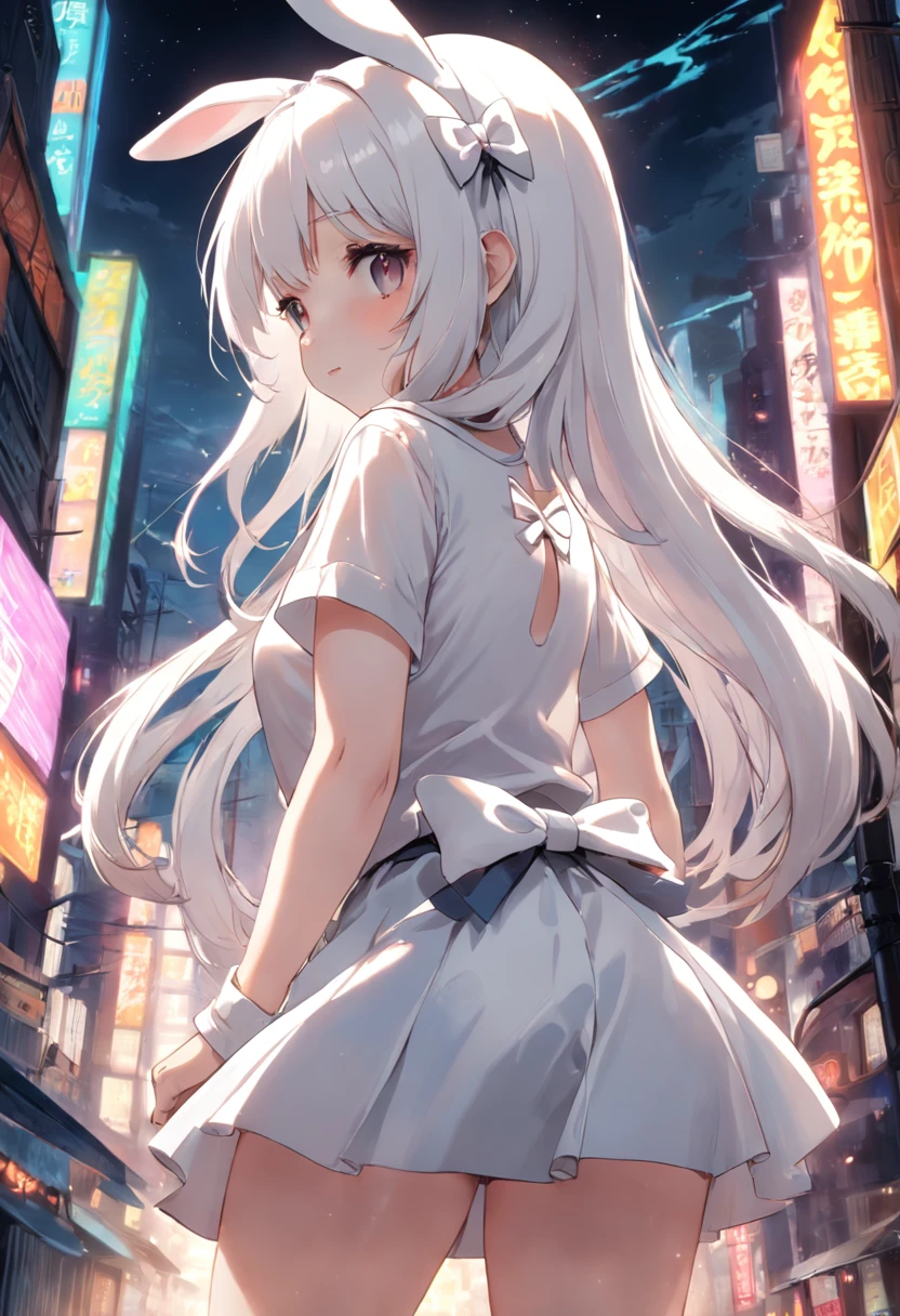 Girl White Rabbit White Hair Bow White Short Skirt White Top Hands Behind Her Back A Shy Expression