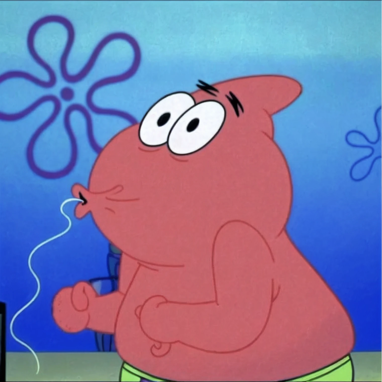 A cartoon of a pink starfish，Phone in his mouth, patrick star, patrick, cooking a, an anthropomorphic stomach, patrick nagel!!, long pointy pink nose, pink iconic character, drooling goo, his trunk is a long tentacle, patrick nagel!!!, porky pig, peter griffin body type