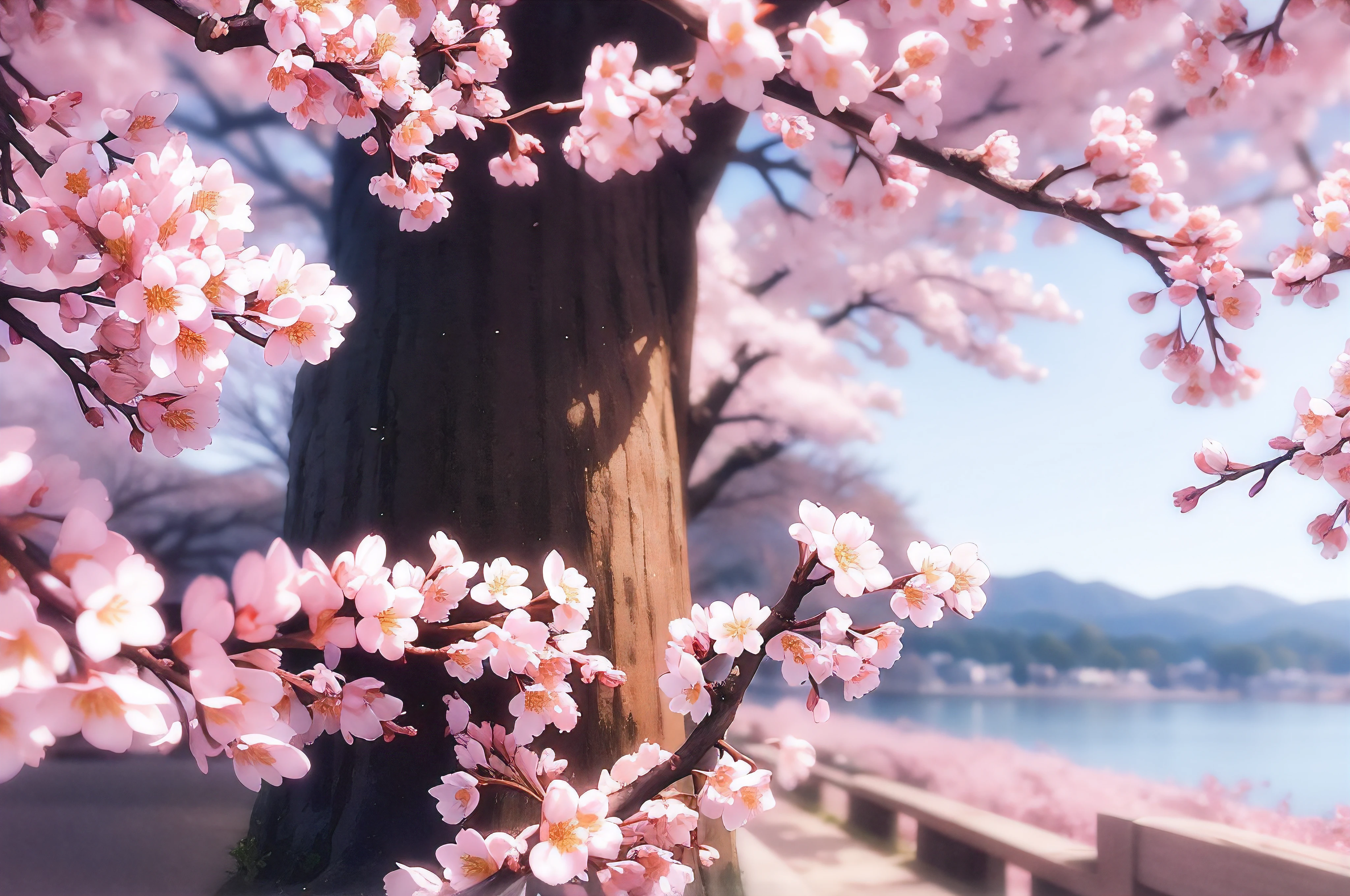 Close-up of cherry blossoms in the lower left、sakura trees in the background,the background is blurred, Cherry blossoms fill the screen, cherry blossoms in the wind, cherryblossom, cherry blossom, sakura trees in the background, The background is blurry、 sakura season, White cherry blossom, , blossoming、no humans、