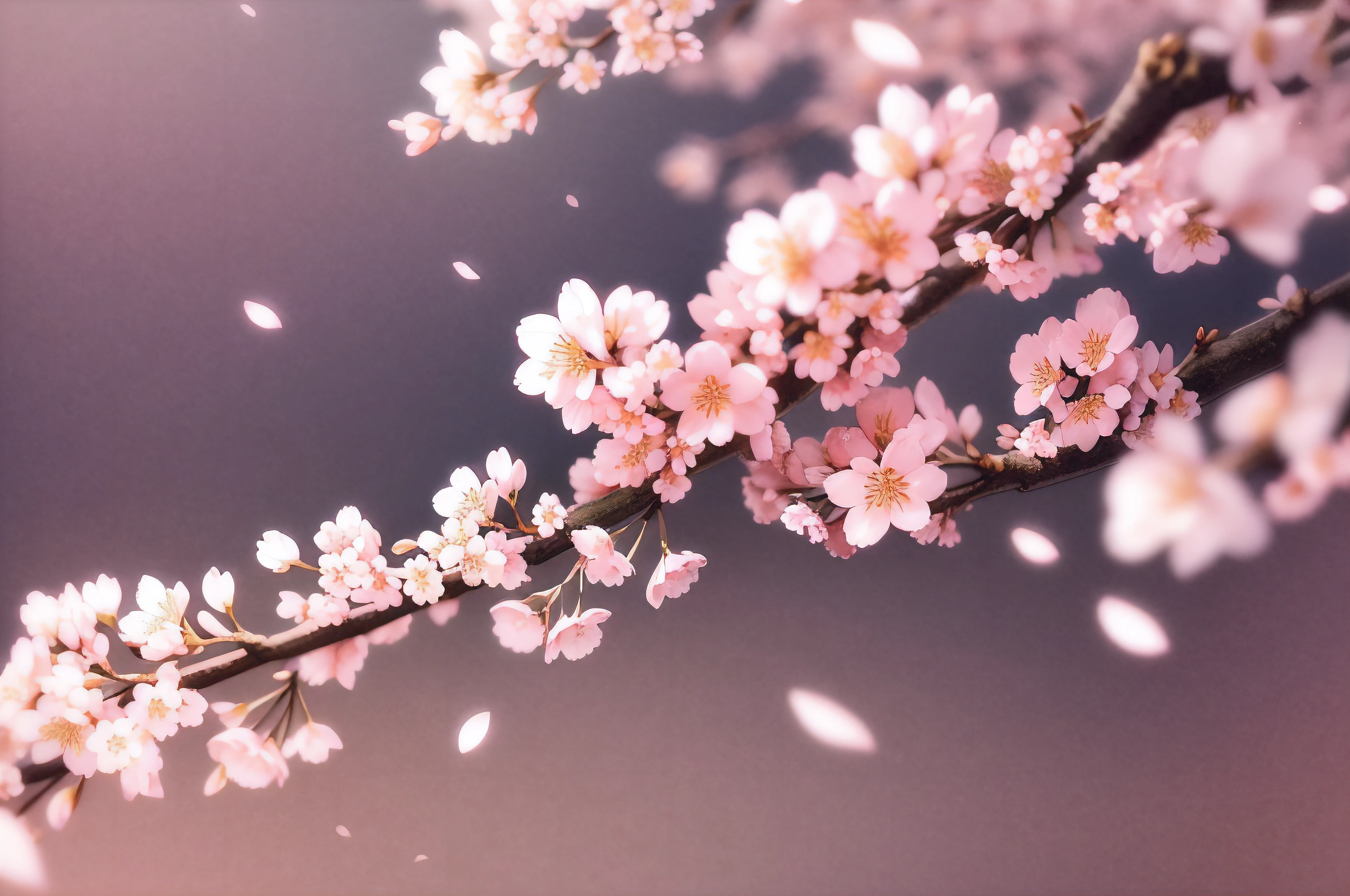Close-up of cherry blossoms in the lower left、sakura trees in the background,the background is blurred, Cherry blossoms fill the screen, cherry blossoms in the wind, cherryblossom, cherry blossom, sakura trees in the background, The background is blurry、 sakura season, White cherry blossom, , blossoming、no humans、