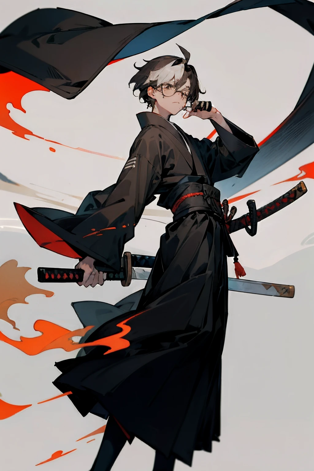 1boy, man, man focus, male, boy, solo, short hair, brown hair, white streak hair, brown eyes, glasses, looking_at_viewer, long_sleeves, holding, closed_mouth, standing, weapon, katana, japanese_clothes, black kimono, wide_sleeves, holding_weapon, feet_out_of_frame, holding_sword, dark katana, fire, sheath, hakama, hakama_skirt, sheathed, black_kimono, scabbard, hakama_pants