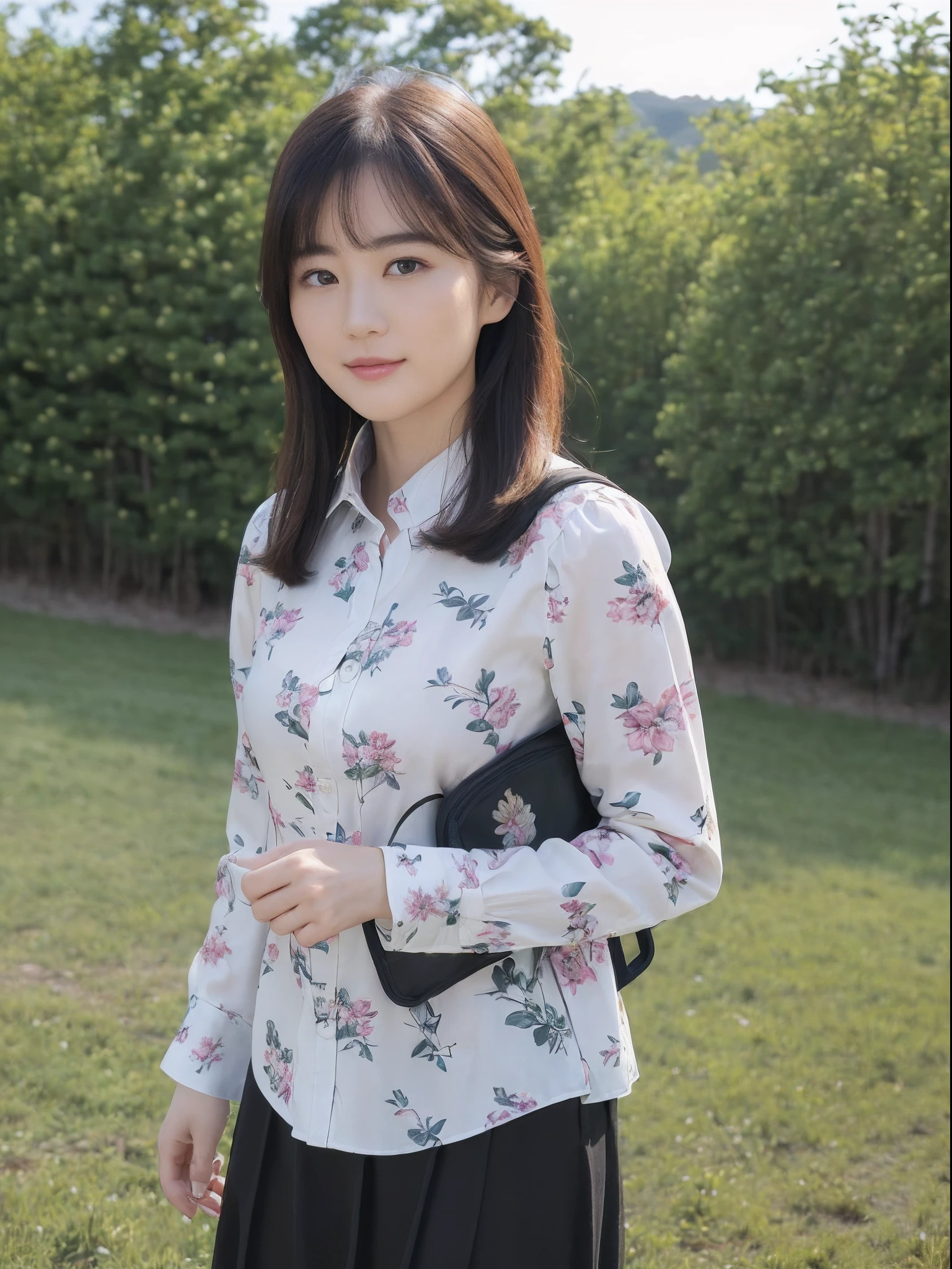 (8K、top-quality、​masterpiece:1.2)、(realisitic、Photorealsitic:1.37)、ultra-detailliert、((Beautuful Women))、((JINS))、((Long sleeve shirt with floral pattern))、hiking、((Breast))、((Black shorthair))、plateau、((A slight smil))、grass field、((Walking))、((Carrying a rucksack))