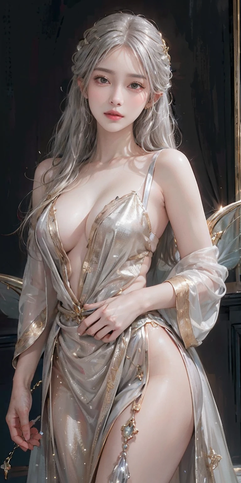 photorealistic, high resolution, soft light,1women, solo, hips up, shinning skin, (detailed face), jewelry, (((gold, silver, glimmer)), faerie), limited palette, contrast, phenomenal aesthetic, best quality, sumptuous artwork, elegant dress, blonde hair, bottom view