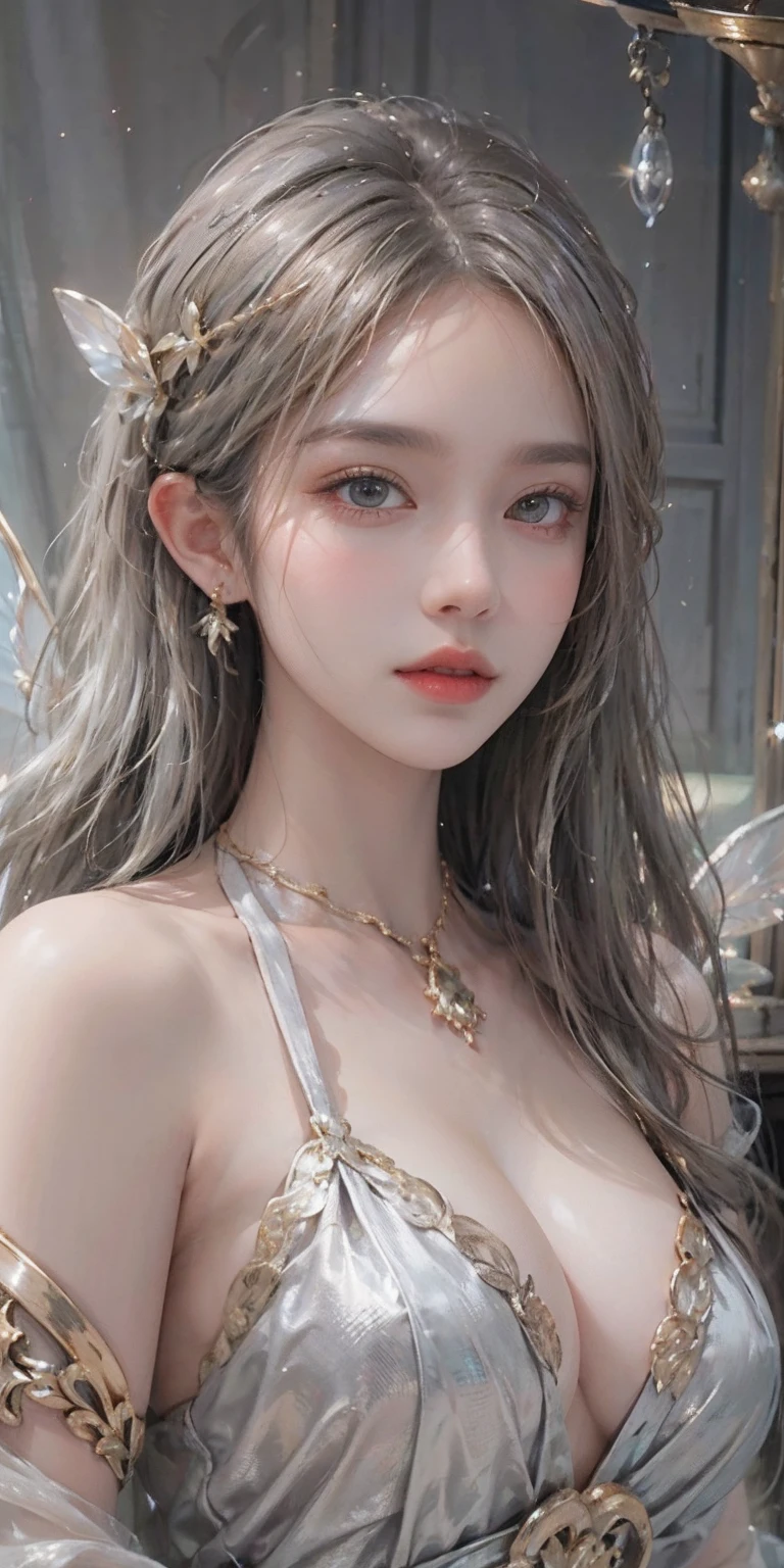 photorealistic, high resolution, soft light,1women, solo, hips up, shinning skin, (detailed face), jewelry, (((gold, silver, glimmer)), faerie), limited palette, contrast, phenomenal aesthetic, best quality, sumptuous artwork, elegant dress, blonde hair, bottom view