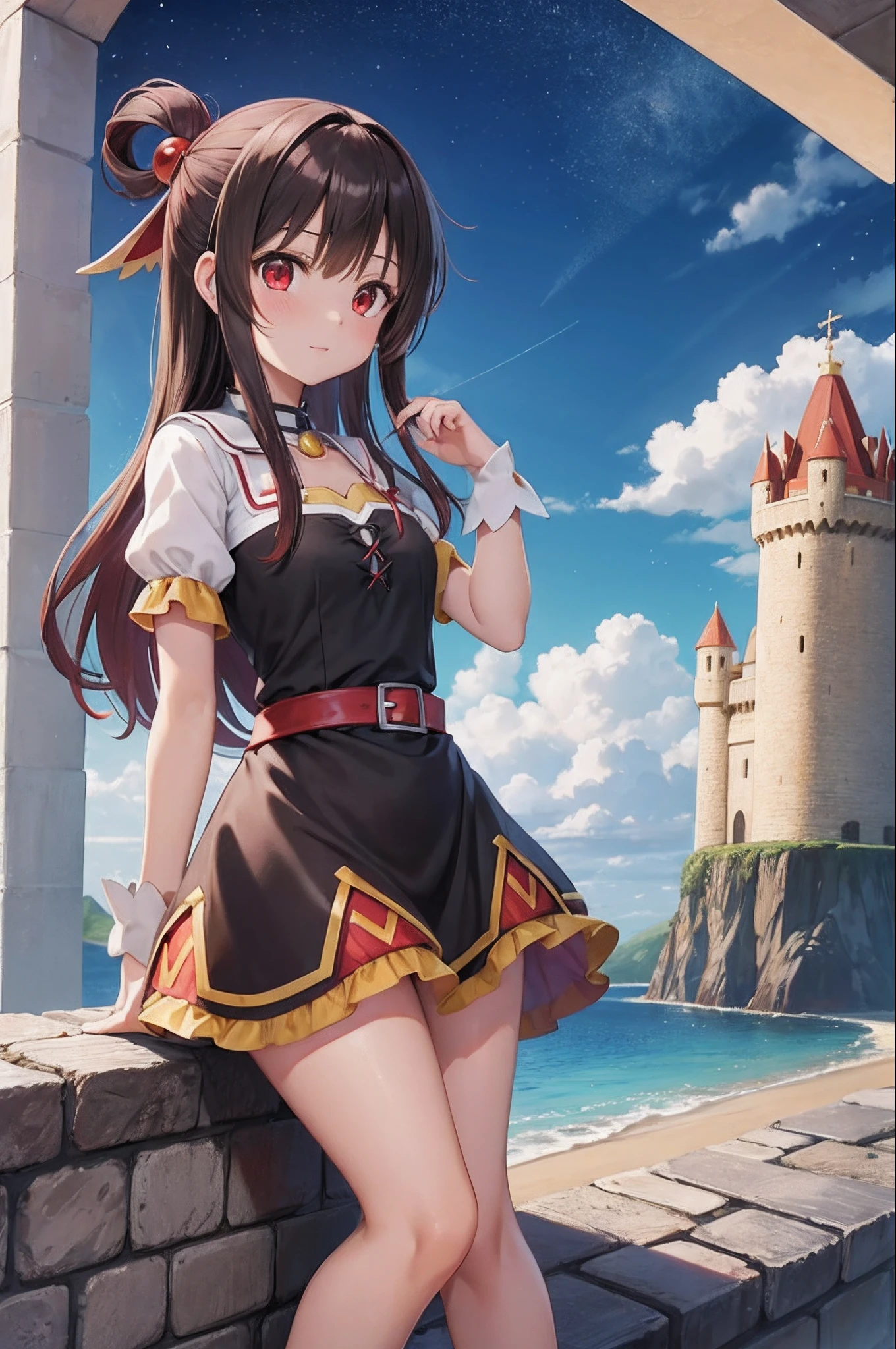 obra-prima, melhor qualidade, princesa_megumin_konosuba, vestido vermelho, red eyes, cabelo curto castanho, standingn, (castelo: 1.1), segurando saia, starly sky, brazil, de noite