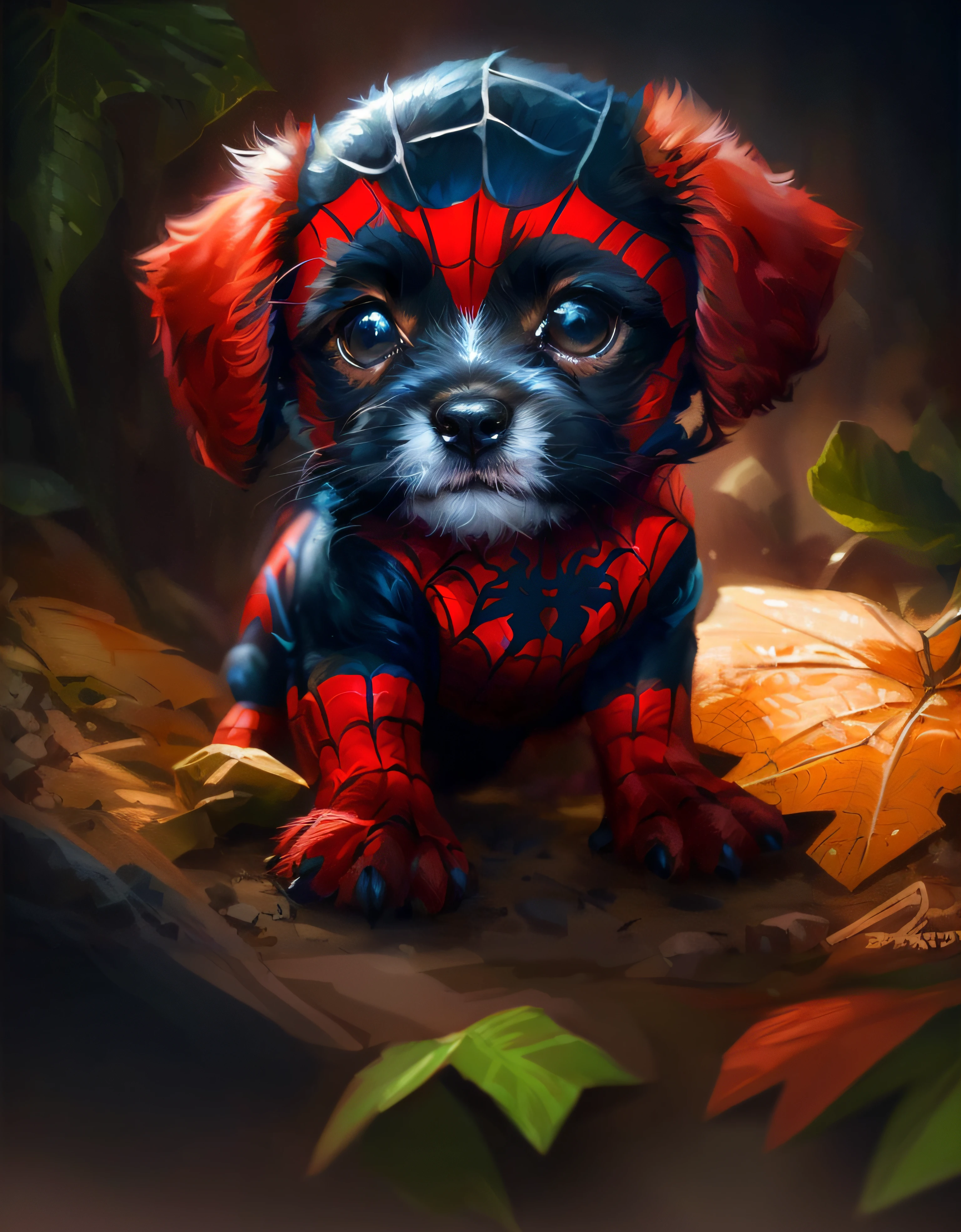spider - man puppy by the art of the illustrator, adorable digital painting, digital painting highly detailed, cute detailed digital art, wojtek fus, portrait of spiderman, cute digital art, plants leaves in the foreground, highly detailed digital painting, amazing!, amazing, very detailed digital painting, cute detailed artwork, cartoon digital painting, photorealistic fan art, digital cartoon painting art, detailed fanart