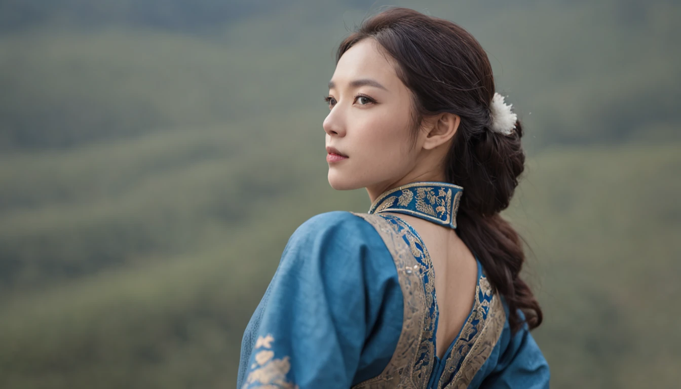 woman、Back Shadow、sideface、Mongolian dress blue、Faraway view