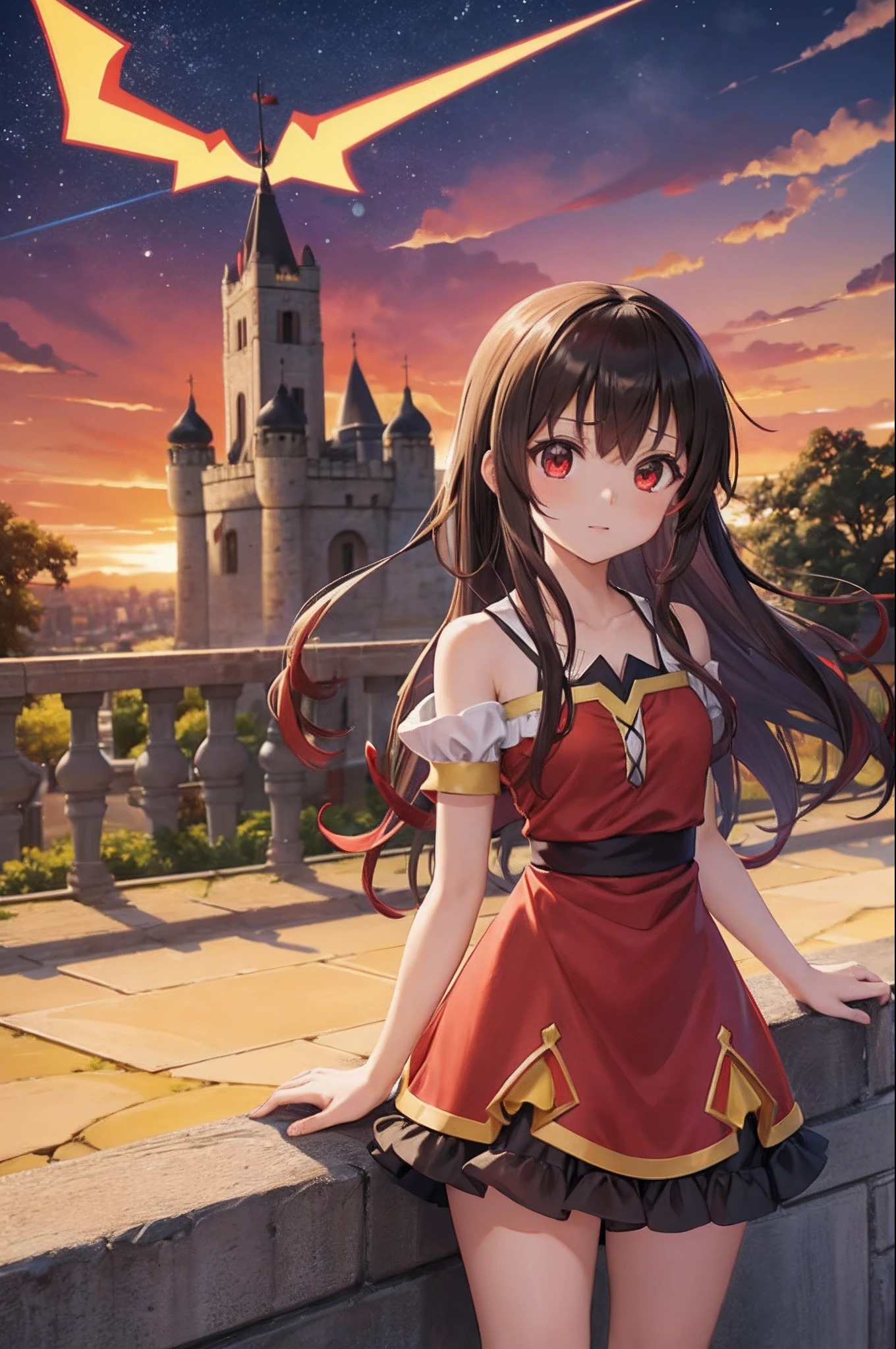 obra-prima, melhor qualidade, princesa_megumin_konosuba, vestido vermelho, red eyes, cabelo curto castanho, standingn, (castelo: 1.1), segurando saia, starly sky, brazil, de noite