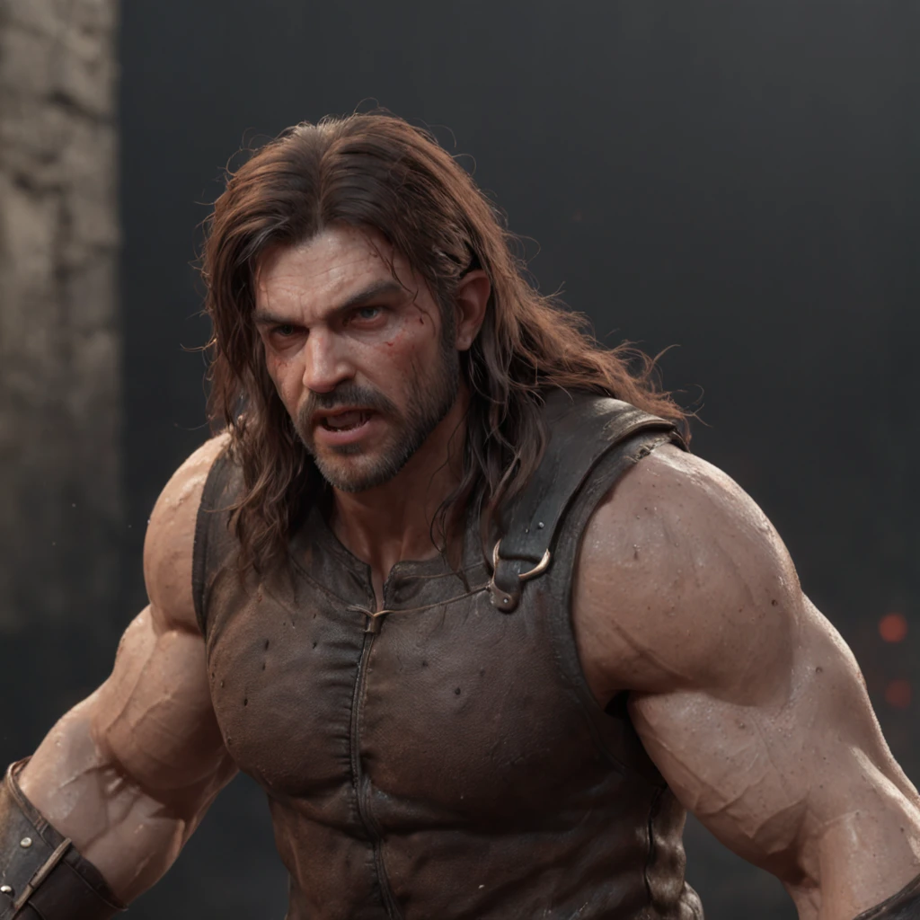 (professional 3d render:1.3) af (Realistic:1.3) most beautiful artwork photo in the world,Features soft and shiny male heroes, ((Epic hero fantasy muscle man rough wet hero angry look long hair short beard and ferocious expression in dynamic pose, Fantastic location, Majestic cluttered environment)), full body 8k unity render, action shot, skin pore, very dark lighting, heavyshading, Detailed, Detailed face, (vibrant, photograph realistic, Realistic, Dramatic, Dark, Sharp focus, 8K), (Old leather garments damaged by weathering:1.4), ((((Wear fur)))), (Intricate:1.4), decadent, (Highly detailed:1.4), Digital painting, rendering by octane, art stations, concept-art, smooth, Sharp focus, illustration, Art germ, (loish:0.23), wlop ilya kuvshinov, and greg rutkowski and alphonse mucha gracias, (Global illumination, Studio light, volumettic light), heavy rain, particles floating, lotr, fantasy, elf, full bodyesbian, ((Dark and ancient city background:1.3)),CGSesociety,art stations