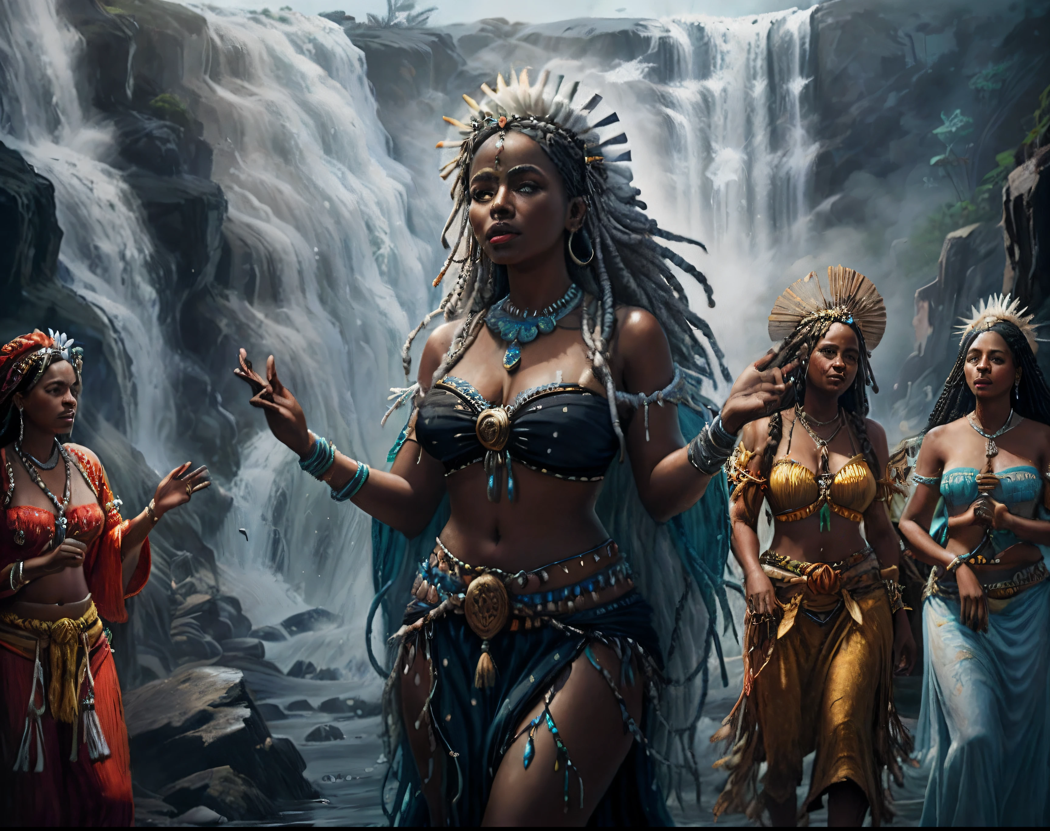Yemanja, deusa, Rainha do Mar, Brazilian orixá, Umbanda, Candomblé, espiritismo, Odoyá, Yemoja, pele negra, Cultura latino-americana, com vestes azuis e prateadas, com o mar ao fundo, estilo de jogo, arte digital, Realistic