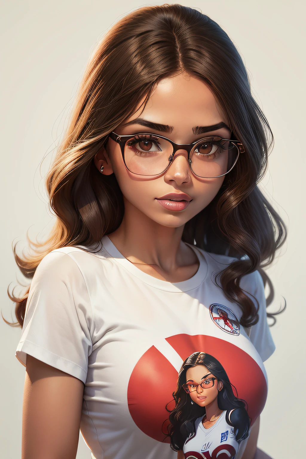 mulher jovem de pele morena, cabelos pretos, longos e cacheados, fundo branco, com camiseta vinho, de batom vermelho, wearing brown rounded glasses, avatar, beautiful, pixar style, disney style, foto de perfil.
